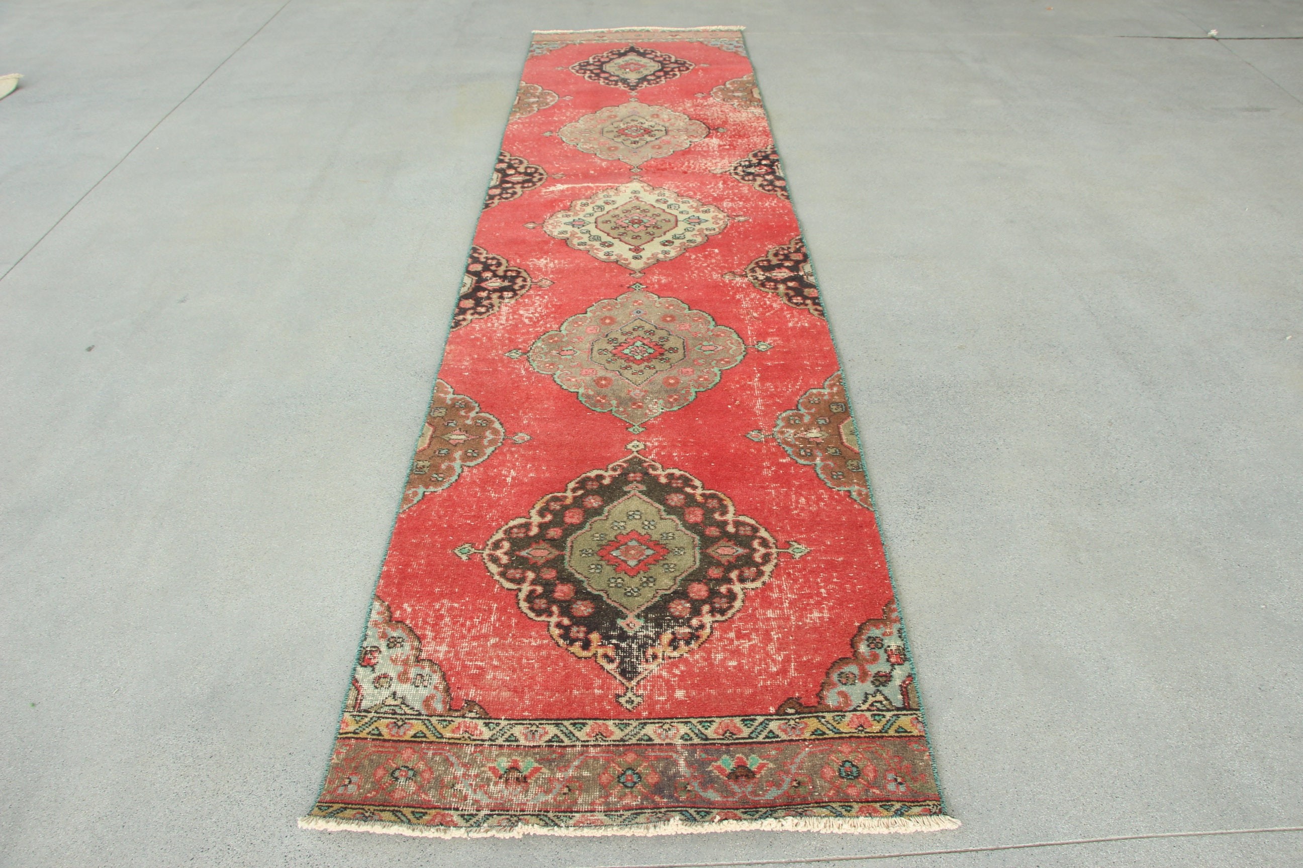 Boho Rug, Turkish Rugs, Cool Rugs, 3x12.5 ft Runner Rug, Vintage Rug, Red Neutral Rug, Rugs for Hallway, Kitchen Rug, Hallway Rugs