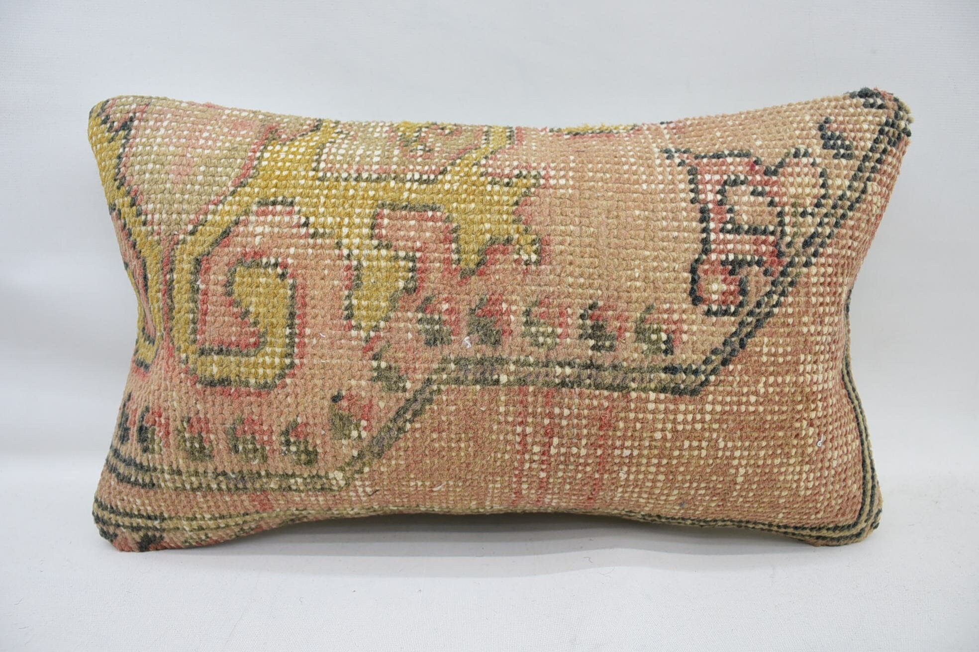 Kilim Pillow, Anatolian Cushion, 12"x20" Yellow Pillow Sham, Decorative Pillow Case, Handmade Kilim Cushion, Vintage Kilim Pillow