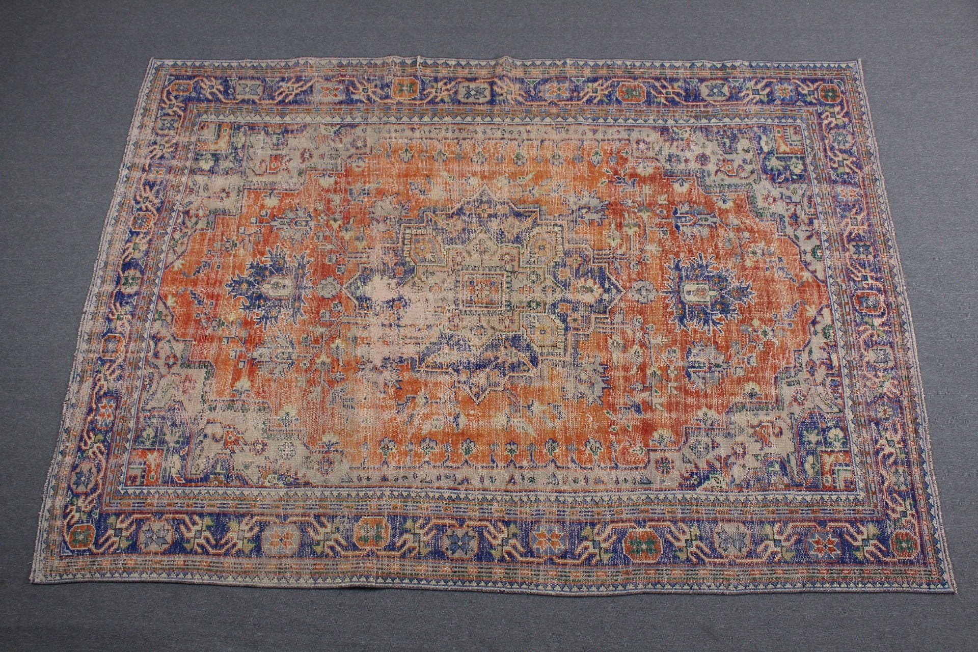 Türk Halıları, Yün Halı, 7.2x10.7 ft Büyük Boy Halı, Vintage Halı, Oturma Odası Halısı, Turuncu Mutfak Halıları, Yemek Odası Halısı, Eski Halı