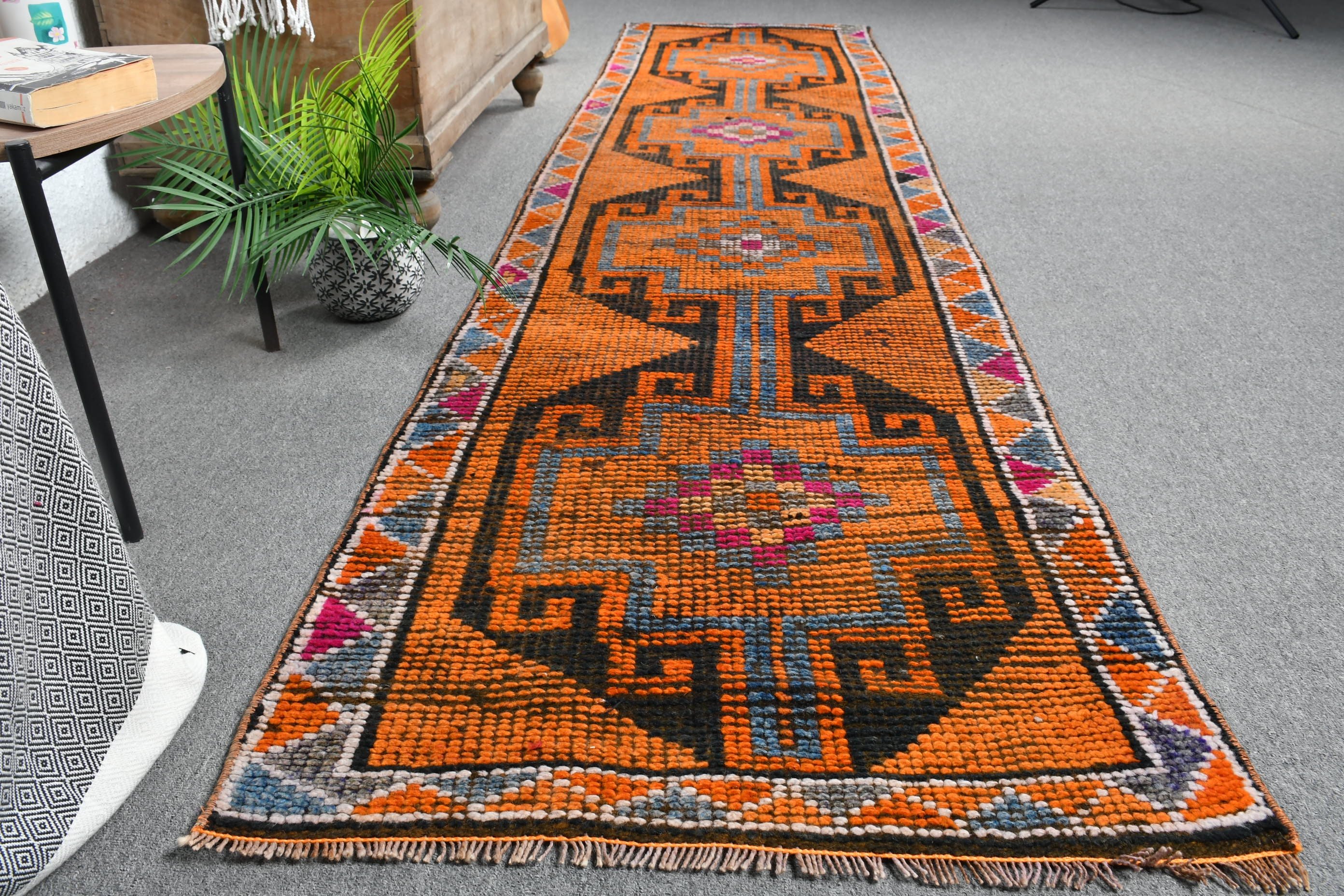 Orange Floor Rug, Floor Rug, Turkish Rug, Vintage Rug, Anatolian Rug, 2.6x10.6 ft Runner Rugs, Rugs for Kitchen, Hallway Rugs, Kitchen Rug