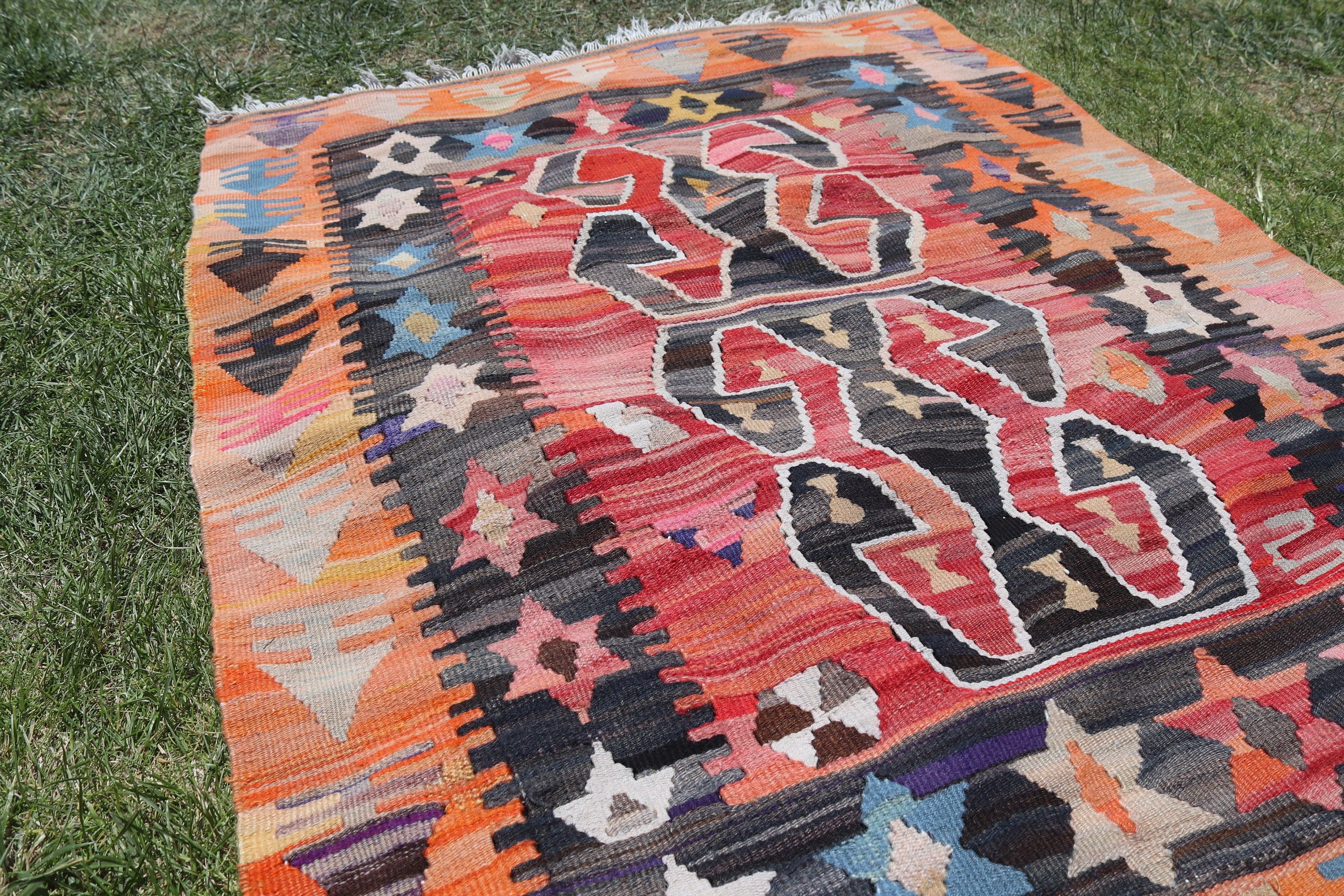 Yatak Odası Halıları, Turuncu 3.1x4.2 ft Küçük Halı, Modern Halı, Kilim, Küçük Boho Halı, Vintage Halı, Duvara Asılı Halı, Türk Halısı