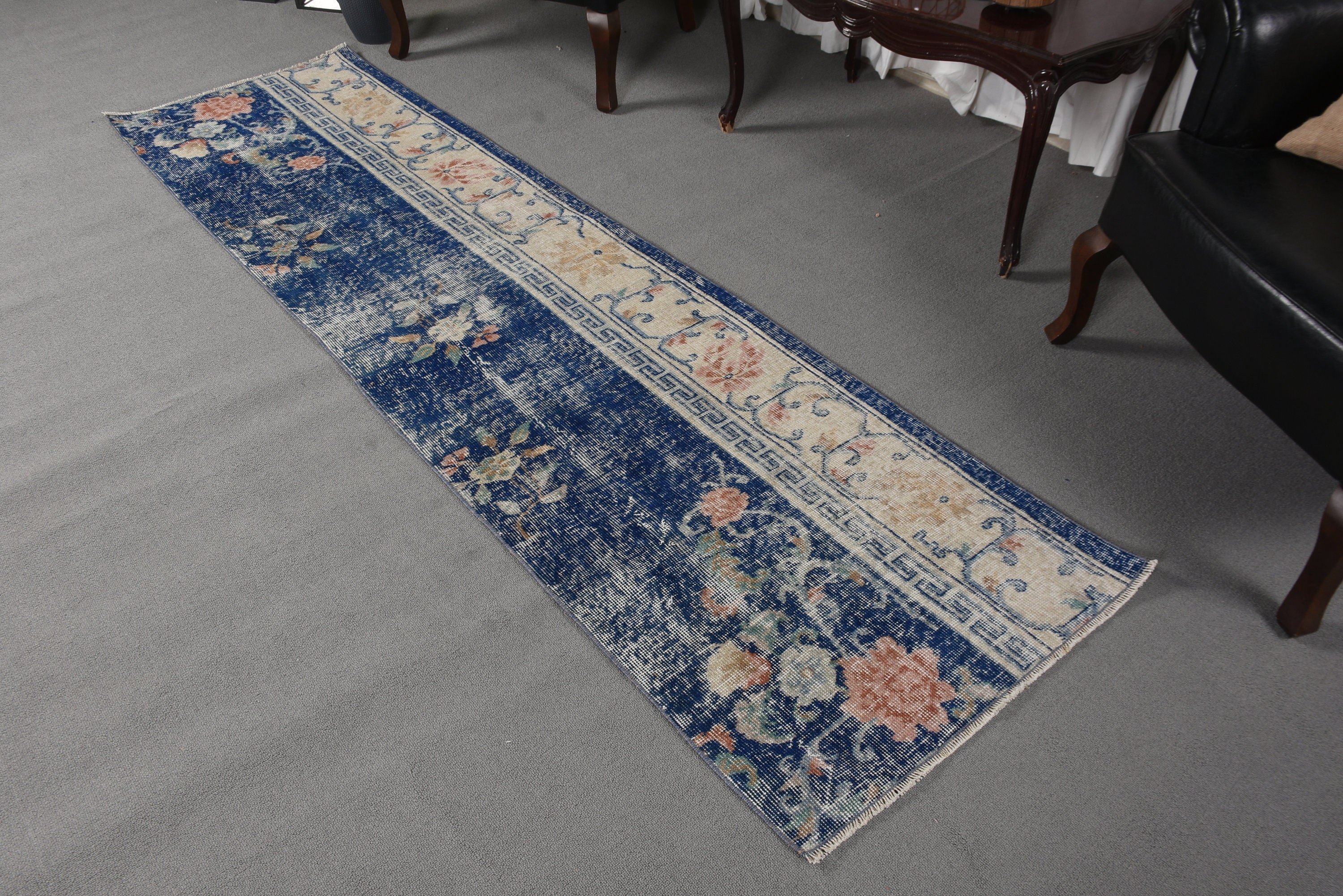 Long Runner Rugs, Turkish Rug, Blue Bedroom Rugs, 2.3x7.9 ft Runner Rugs, Oushak Rug, Aesthetic Rugs, Stair Rug, Vintage Rug