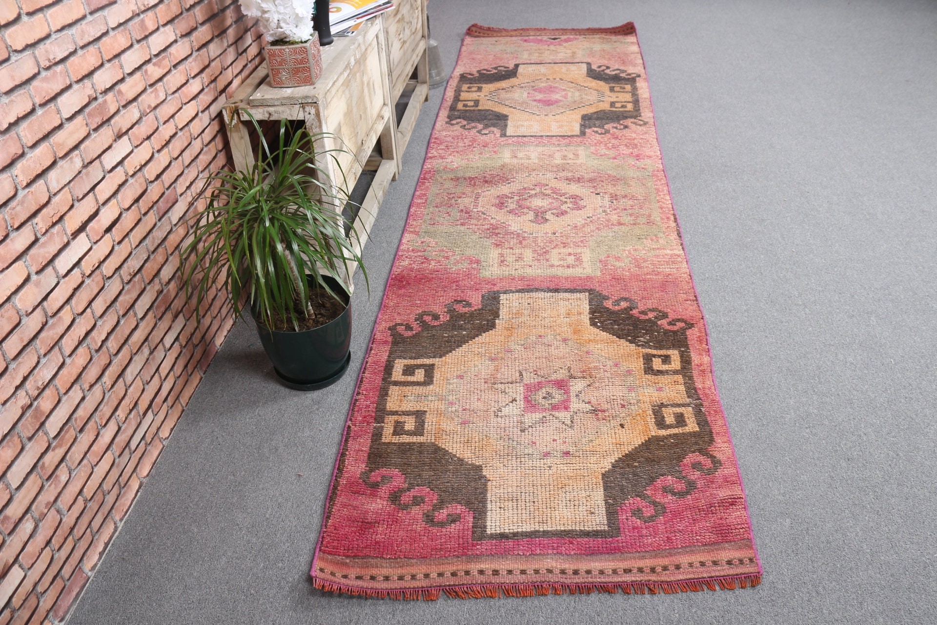 Pink Moroccan Rug, Aesthetic Rug, Vintage Rug, Turkish Rugs, Kitchen Rug, 3x11.6 ft Runner Rug, Stair Rug, Oriental Rug, Rugs for Kitchen