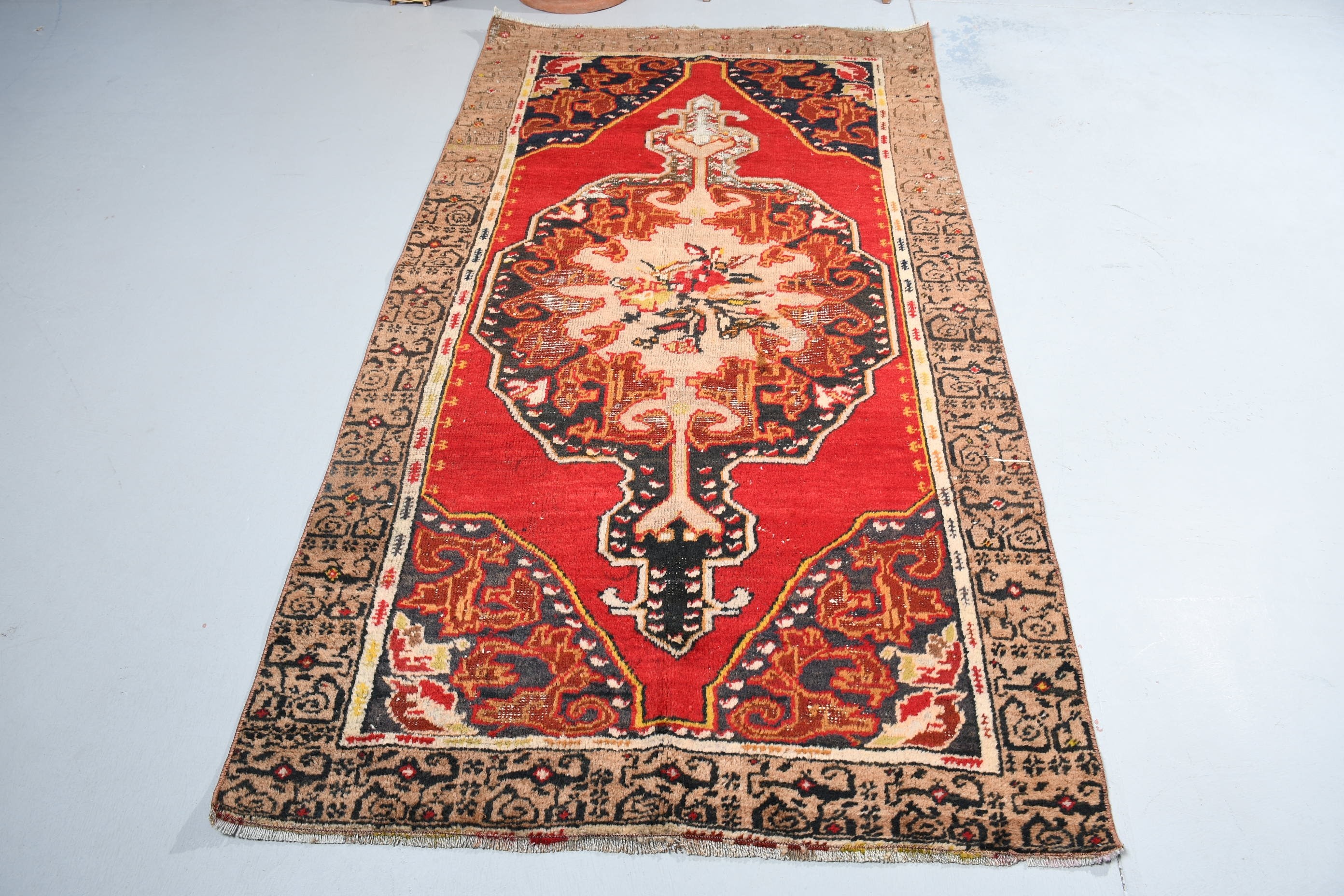 İç Mekan Halıları, Vintage Halı, Kırmızı Yatak Odası Halısı, Yer Halıları, Türk Halıları, 3,8x7,3 ft Alan Halısı, Oturma Odası Halısı, Oushak Halısı