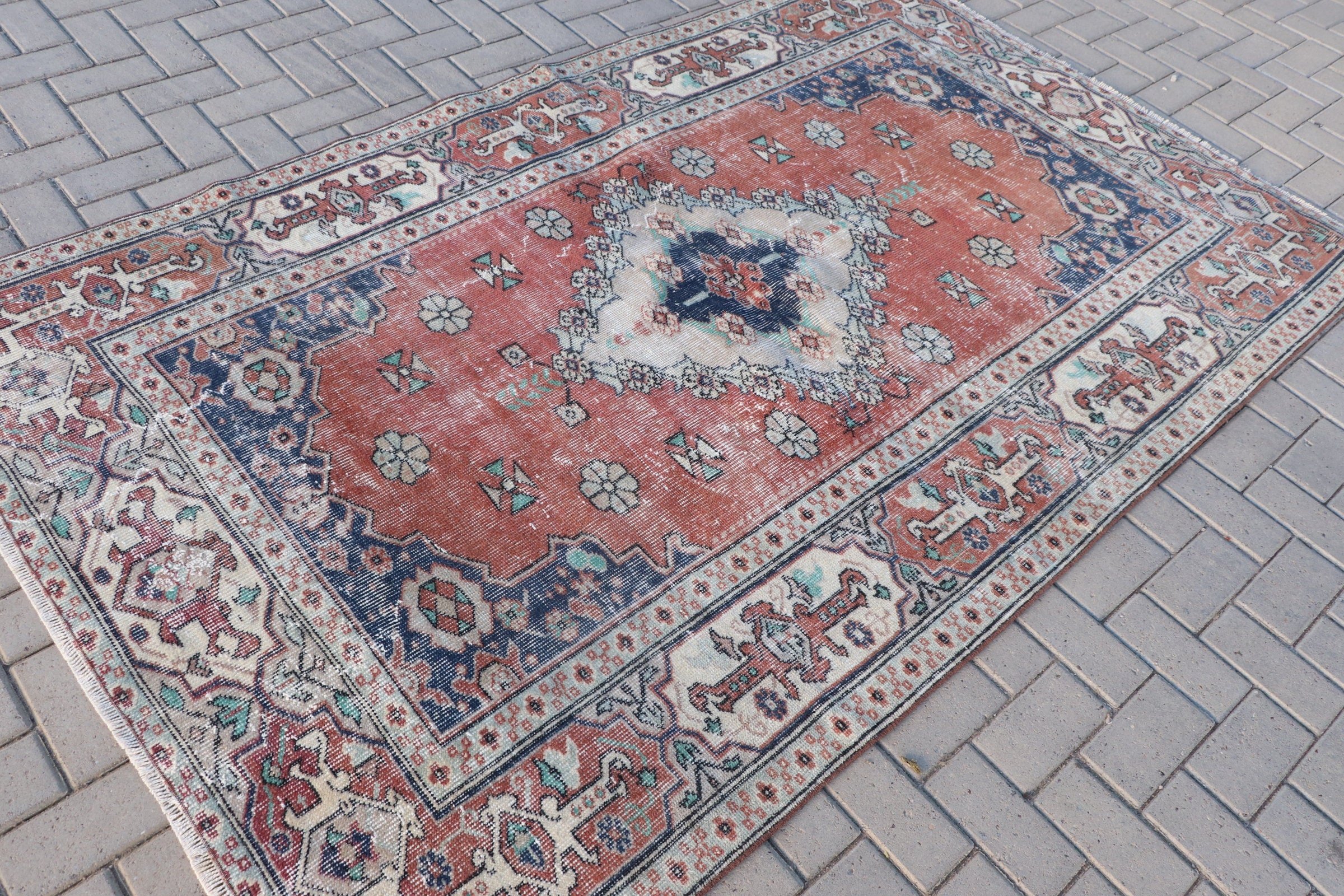 Vintage Rug, Red Wool Rugs, 4.9x7.9 ft Area Rug, Floor Rug, Rugs for Kitchen, Indoor Rug, Kitchen Rugs, Aztec Rugs, Turkish Rug, Retro Rugs