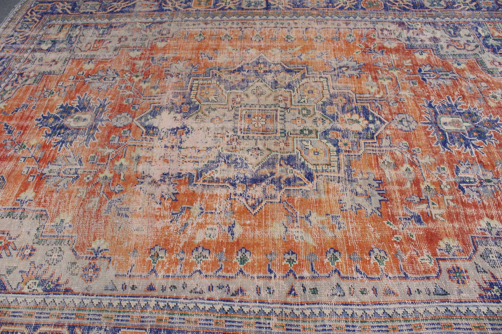 Türk Halıları, Yün Halı, 7.2x10.7 ft Büyük Boy Halı, Vintage Halı, Oturma Odası Halısı, Turuncu Mutfak Halıları, Yemek Odası Halısı, Eski Halı