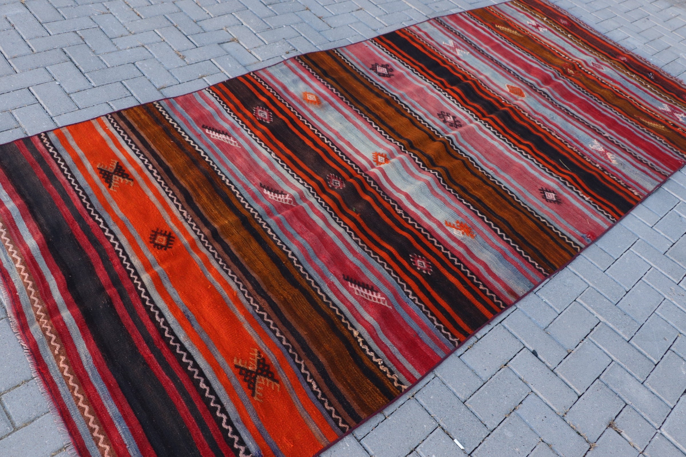 Sessiz Halı, Yatak Odası Halısı, Yemek Odası Halısı, Kilim, Oryantal Halı, Soğuk Halı, Turuncu Yün Halılar, 4,8x11,1 ft Büyük Halılar, Türk Halıları, Vintage Halı