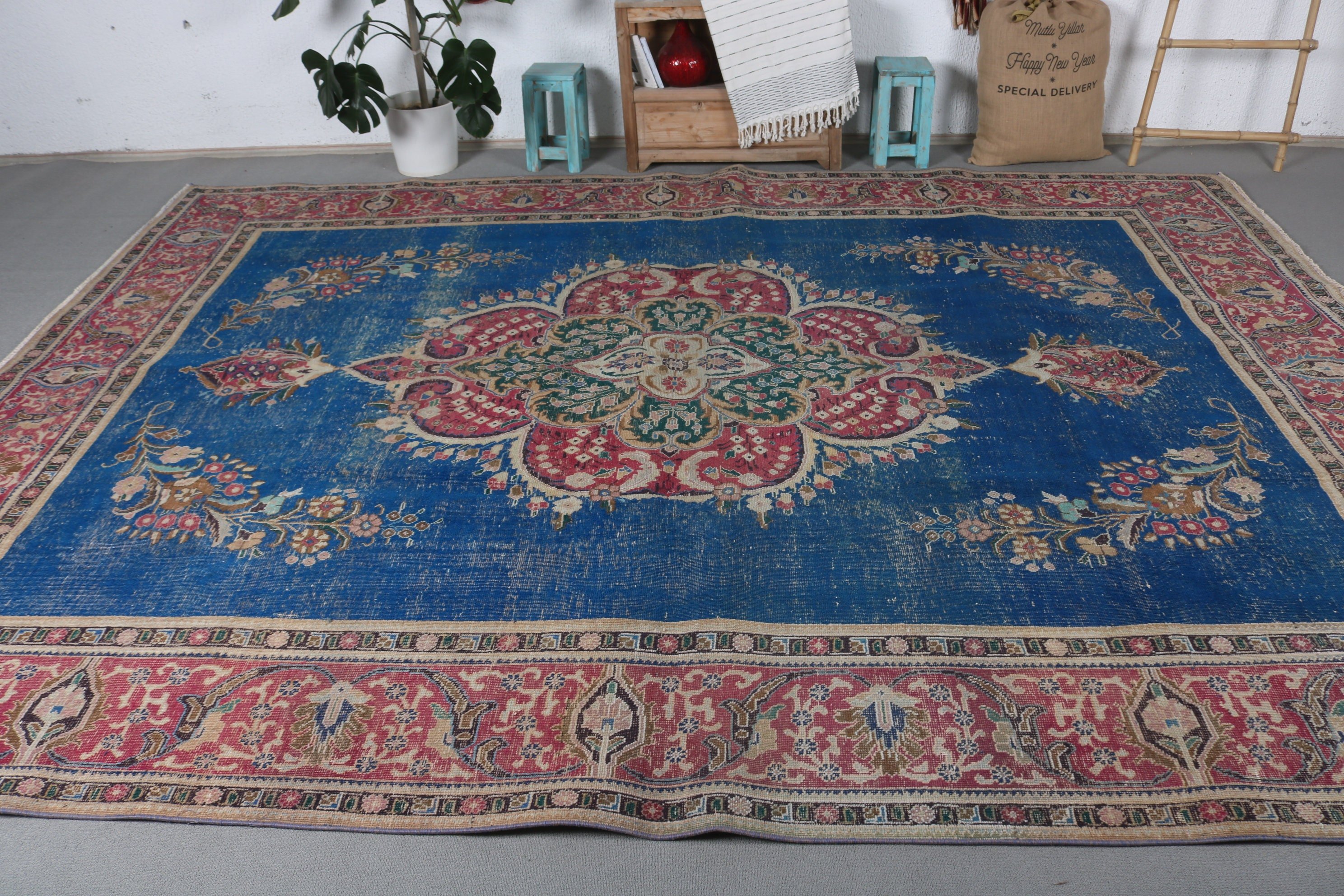 Vintage Halılar, Oturma Odası Halısı, 9.4x12.8 ft Büyük Boy Halı, Havalı Halılar, Salon Halısı, Mavi Oushak Halıları, Düz Dokuma Halısı, Anadolu Halısı, Türk Halısı