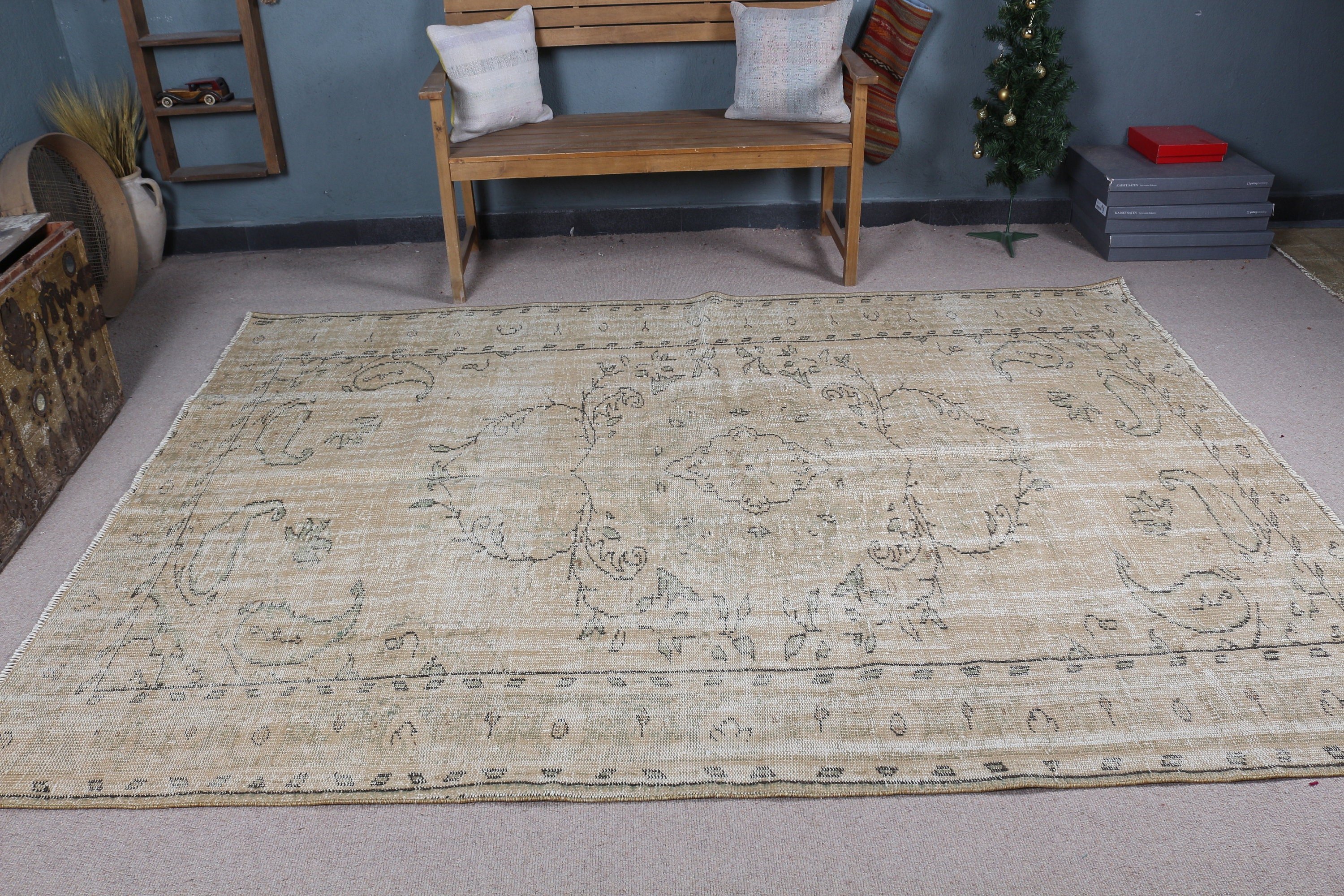 6.4x8.7 ft Large Rug, Living Room Rug, Vintage Rug, Aztec Rug, Bedroom Rug, Floor Rugs, Anatolian Rug, Turkish Rug, Beige Moroccan Rug