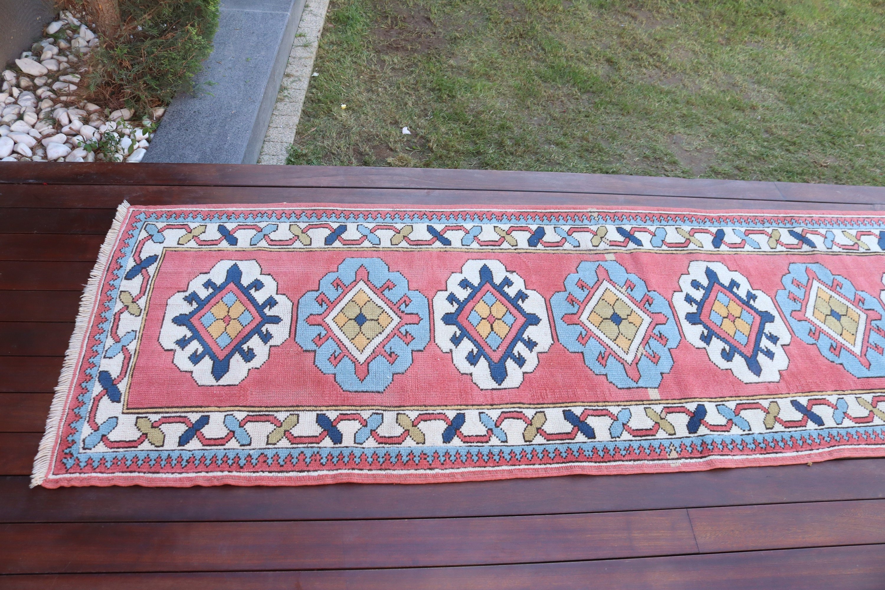 Vintage Runner Halıları, Vintage Halılar, Türk Halıları, Koridor Halıları, Pembe Geometrik Halılar, Fas Halısı, 2.6x7.7 ft Runner Halıları