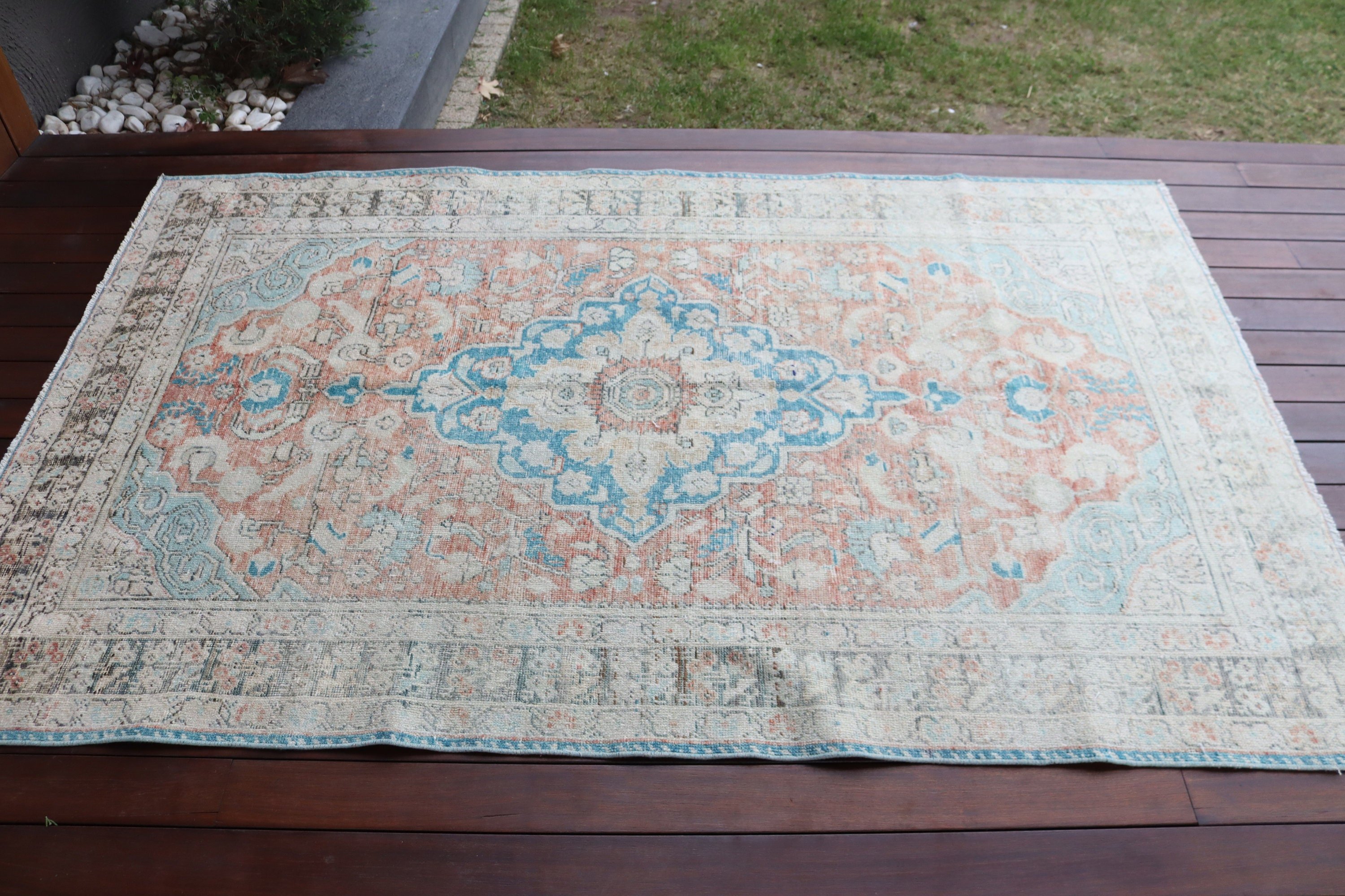 4.3x6.8 ft Alan Halıları, Vintage Halılar, Çocuk Halıları, Boho Halıları, Türk Halıları, Bej Antika Halı, Yemek Odası Halısı, El Dokuma Halısı, Dış Mekan Halısı