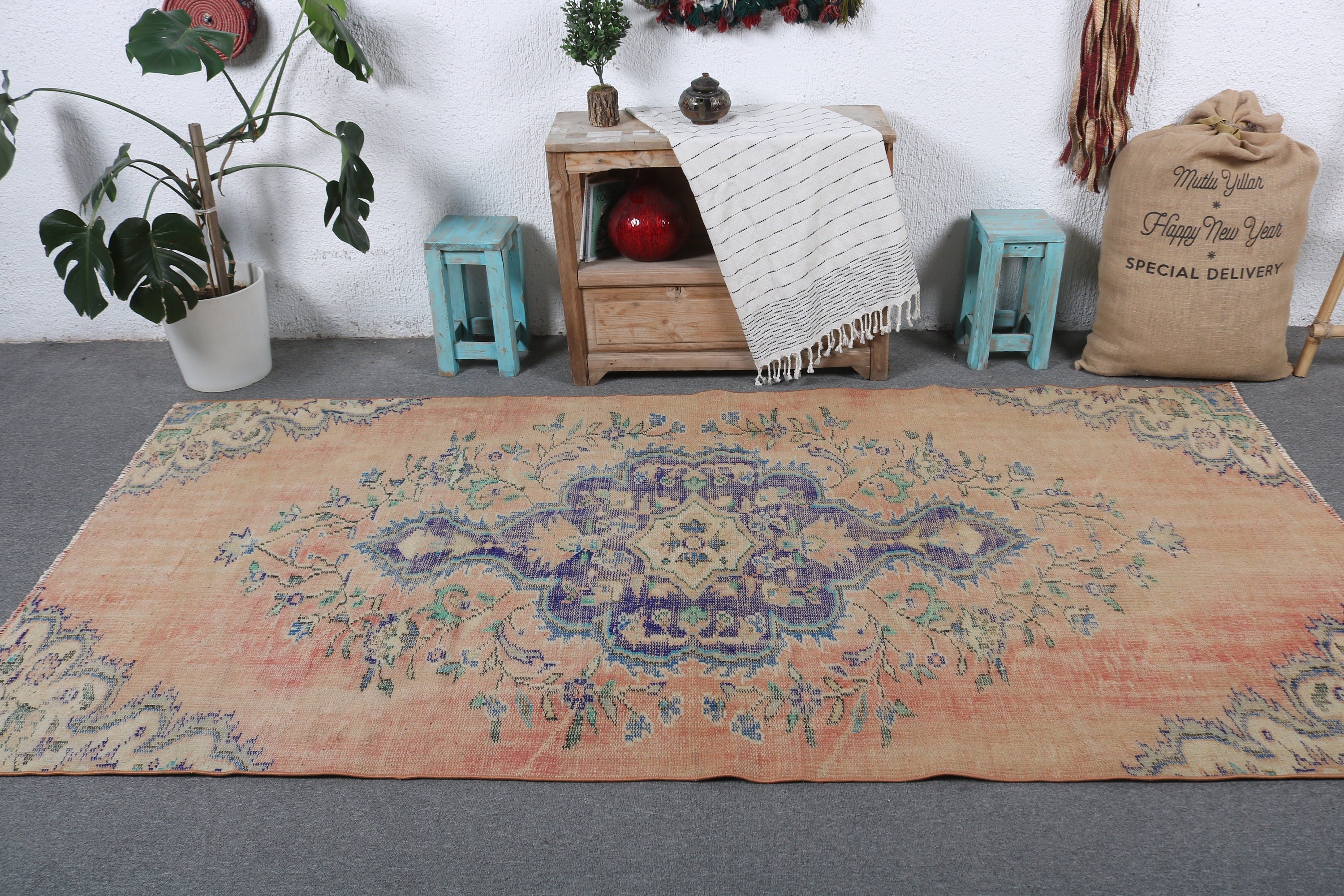 Turkish Rug, Orange Oriental Rug, Aztec Rug, Luxury Rugs, 4.1x8.7 ft Area Rugs, Modern Rugs, Oushak Area Rug, Boho Area Rugs, Vintage Rug