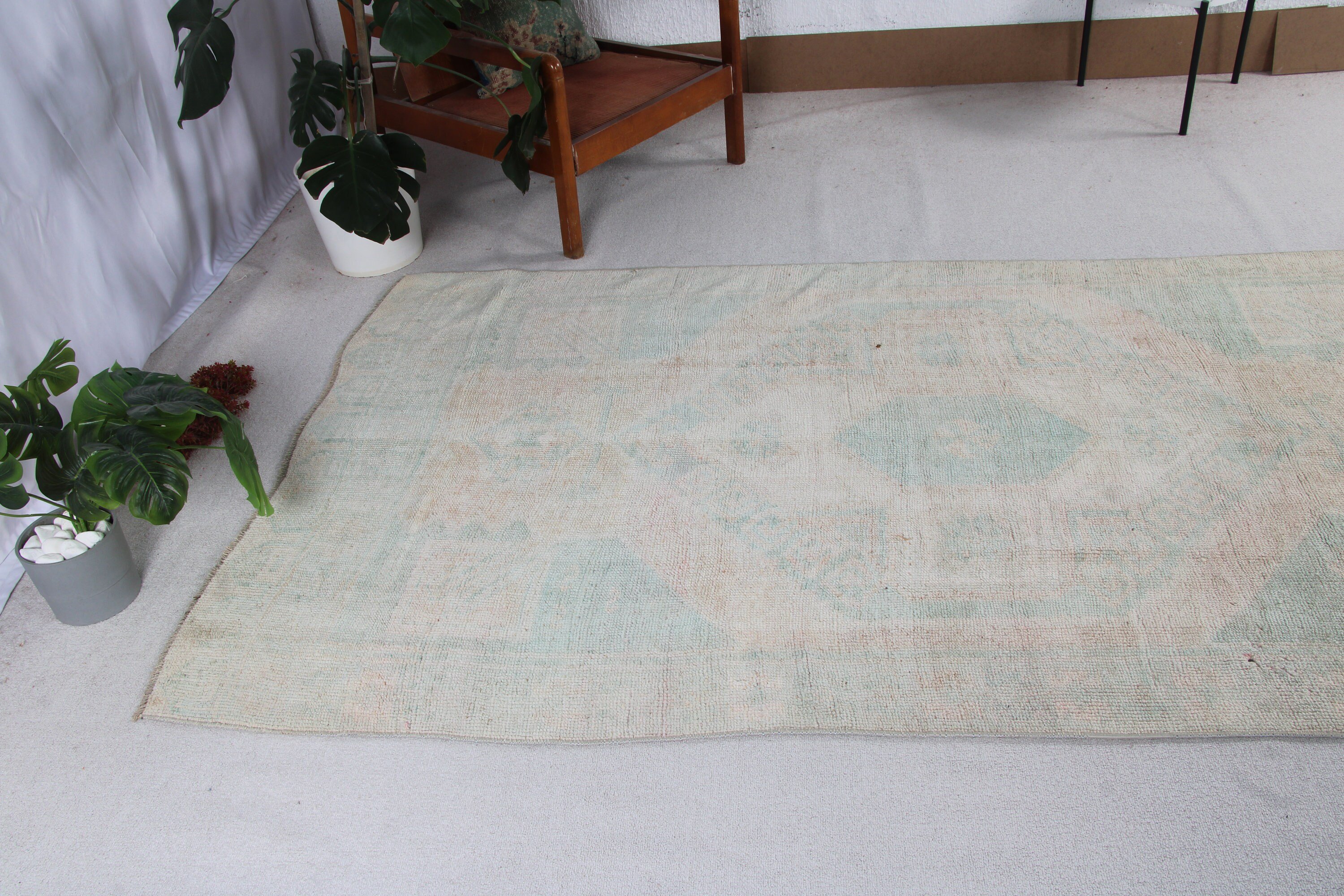 4.6x12.9 ft Runner Rug, Vintage Rugs, Oushak Rug, Boho Rug, Bedroom Rugs, Long Runner Rugs, White Antique Rugs, Corridor Rugs, Turkish Rugs