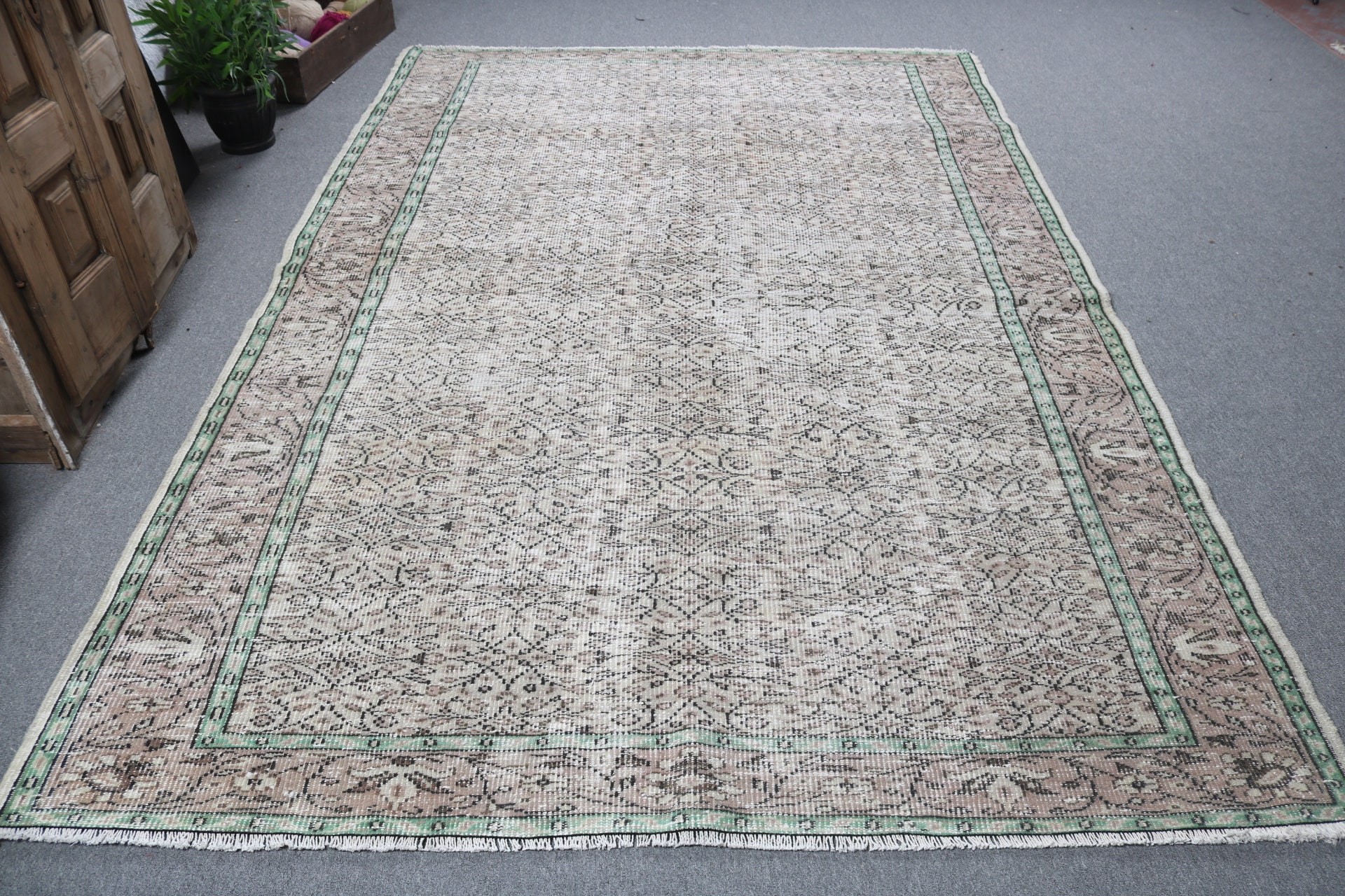 Büyük Vintage Halı, Oushak Halıları, Fas Halıları, Vintage Halı, 6,5x9,7 ft Büyük Halılar, Türk Halıları, Kahverengi Yer Halıları, Büyük Oushak Halısı