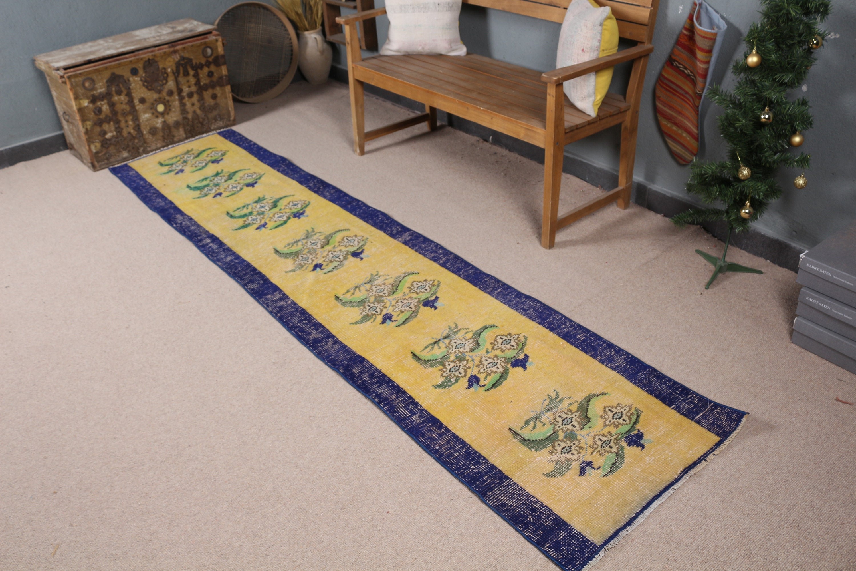Wool Rug, Yellow Oriental Rug, Corridor Rug, Vintage Rug, 2.2x9.8 ft Runner Rug, Floor Rug, Rugs for Corridor, Turkish Rug