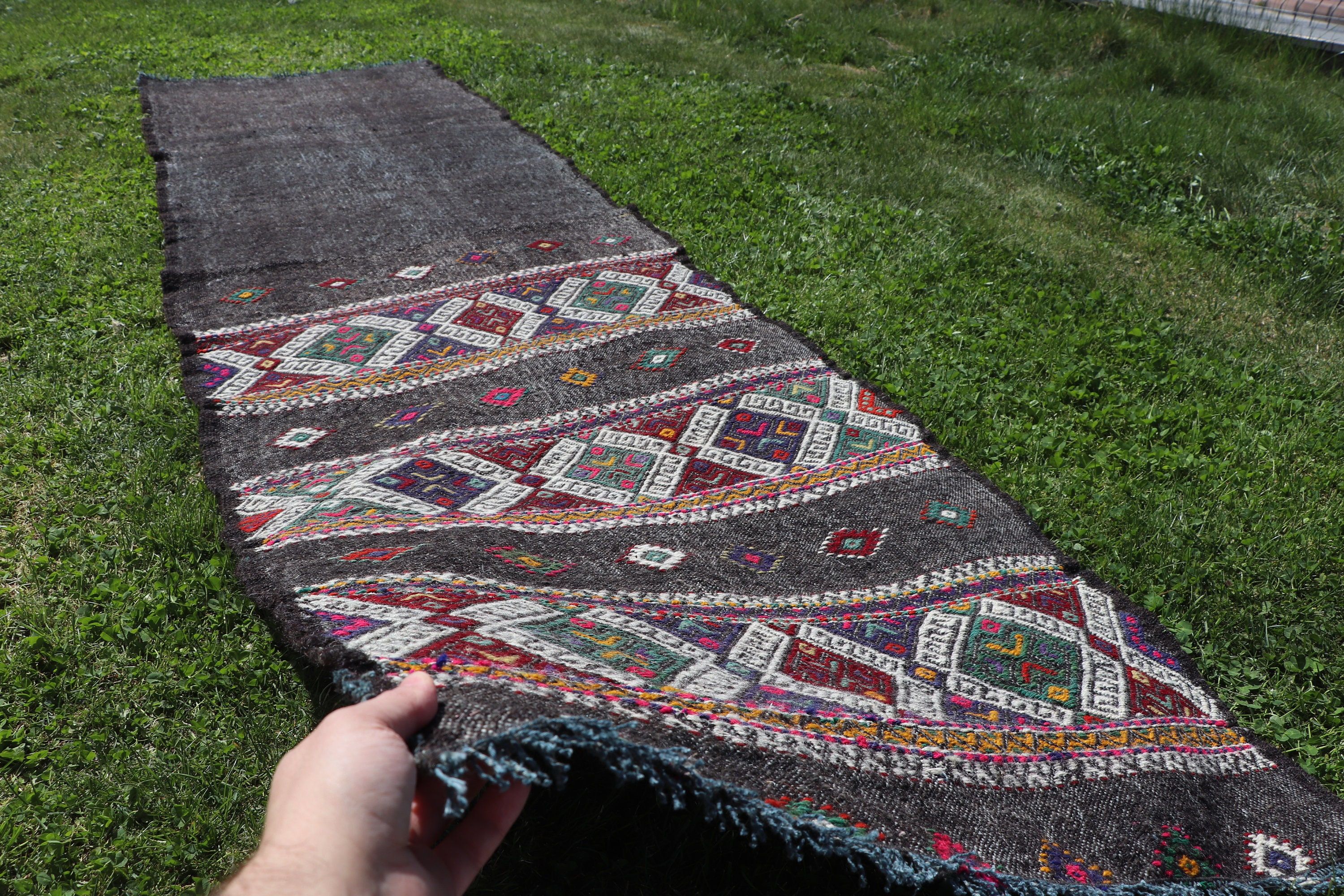 Yün Halı, Merdiven Halıları, Türk Halıları, 2.4x9.4 ft Runner Halısı, Vintage Runner Halısı, Siyah Oushak Halıları, Vintage Halı, Kilim, Mutfak Halıları