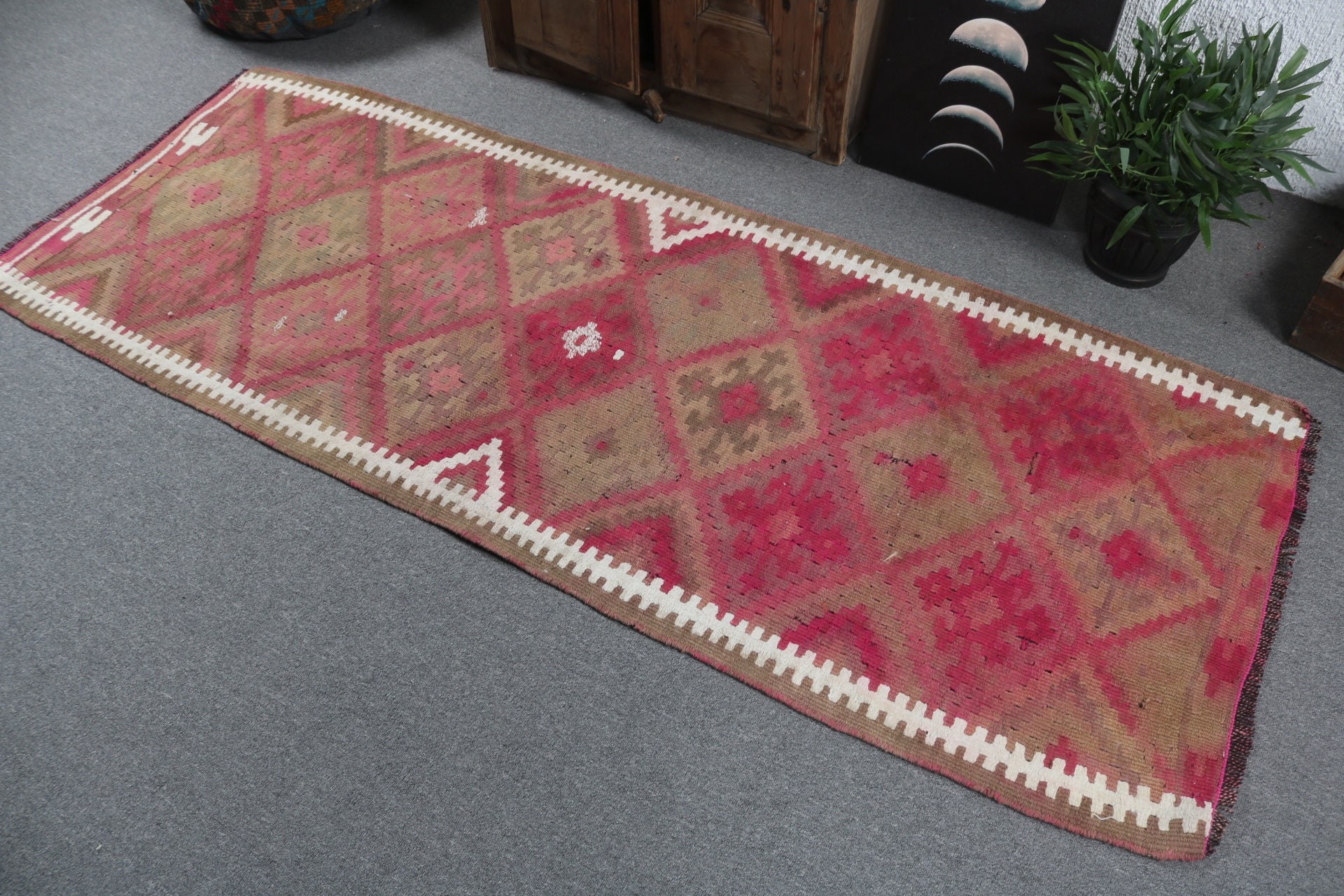 Aztek Halıları, Bildiri Halısı, Türk Halısı, Vintage Halılar, 2,9x7,5 ft Runner Halısı, Beni Ourain Runner Halısı, Pembe Geometrik Halı, Geometrik Halılar