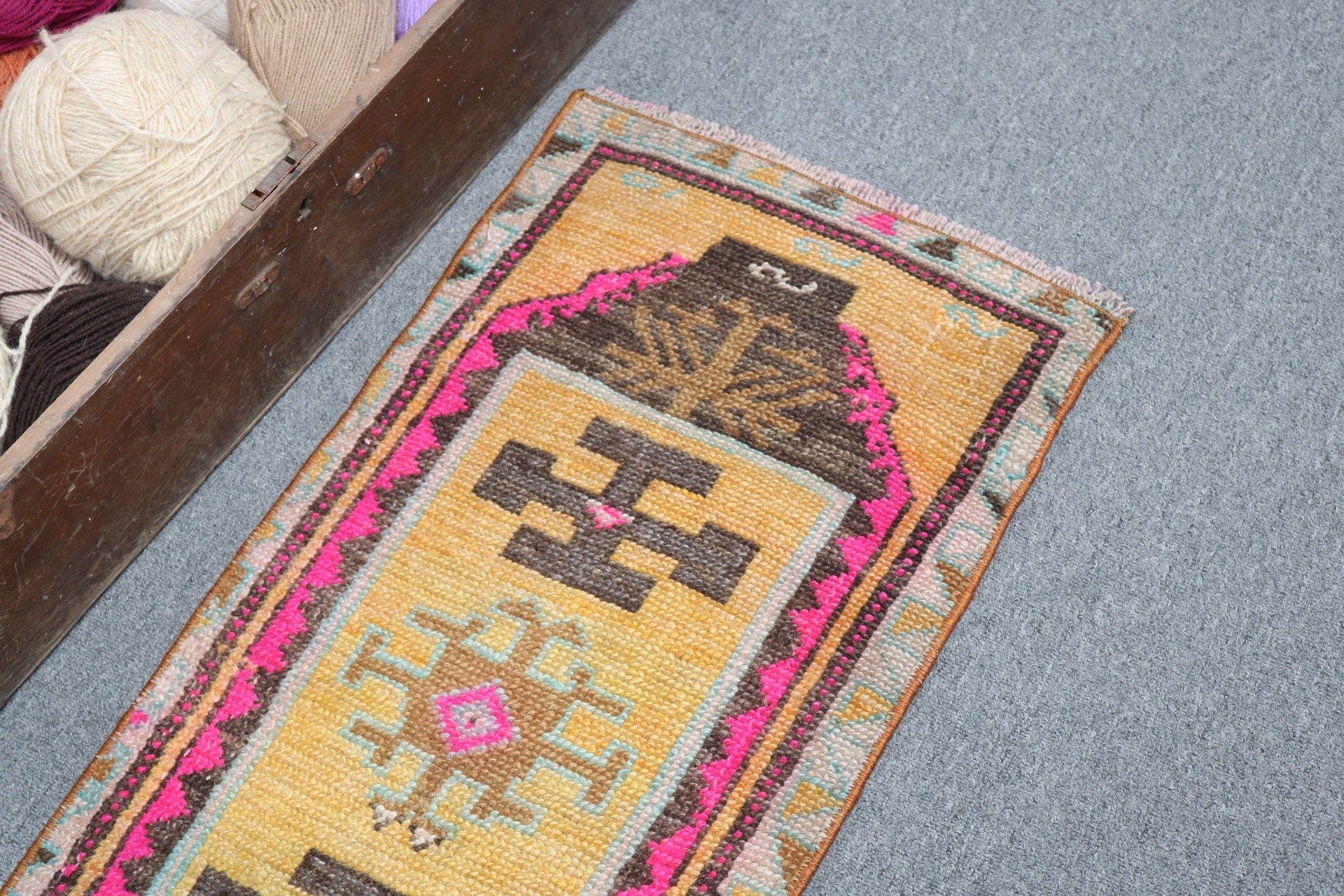 Yellow Cool Rug, Turkish Rug, Statement Rug, Entry Rugs, Handmade Rugs, Home Decor Rugs, 1.3x2.9 ft Small Rug, Bathroom Rug, Vintage Rugs