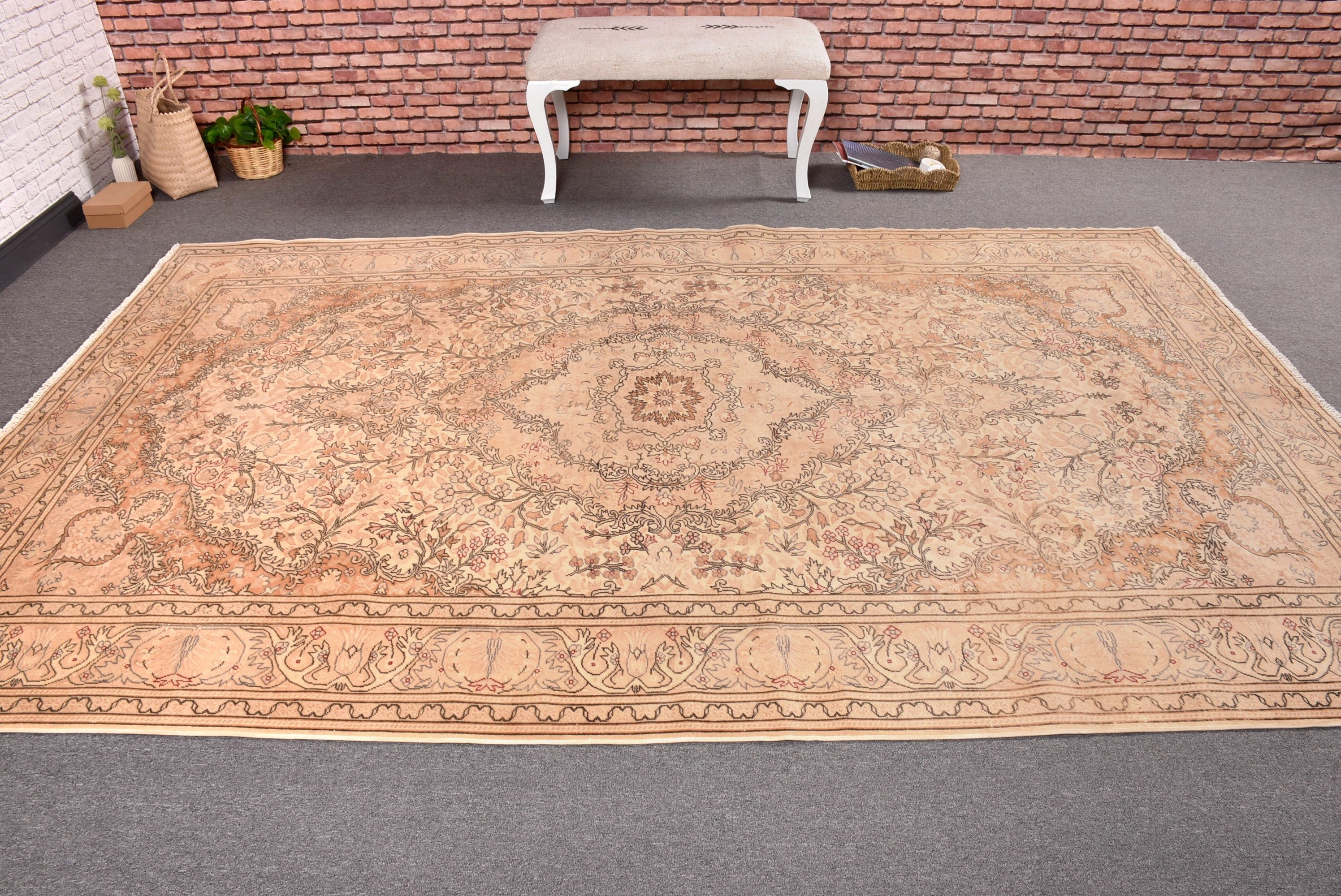 Nötr Halı, 6,4x9,8 ft Büyük Halı, Yer Halısı, Vintage Halılar, Dış Mekan Halısı, Bej Fas Halısı, Türk Halıları, Oturma Odası Halıları, Salon Halıları