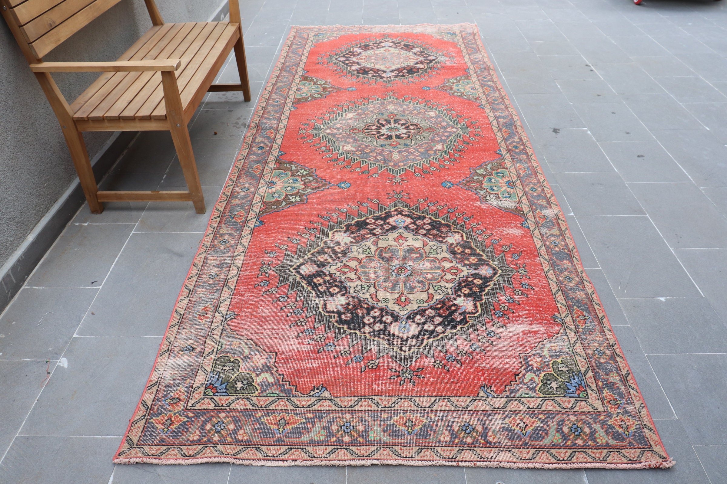 Pale Rug, Red  4.7x12.5 ft Runner Rugs, Vintage Rugs, Rugs for Kitchen, Turkish Rug, Wool Rug, Corridor Rug, Bedroom Rug