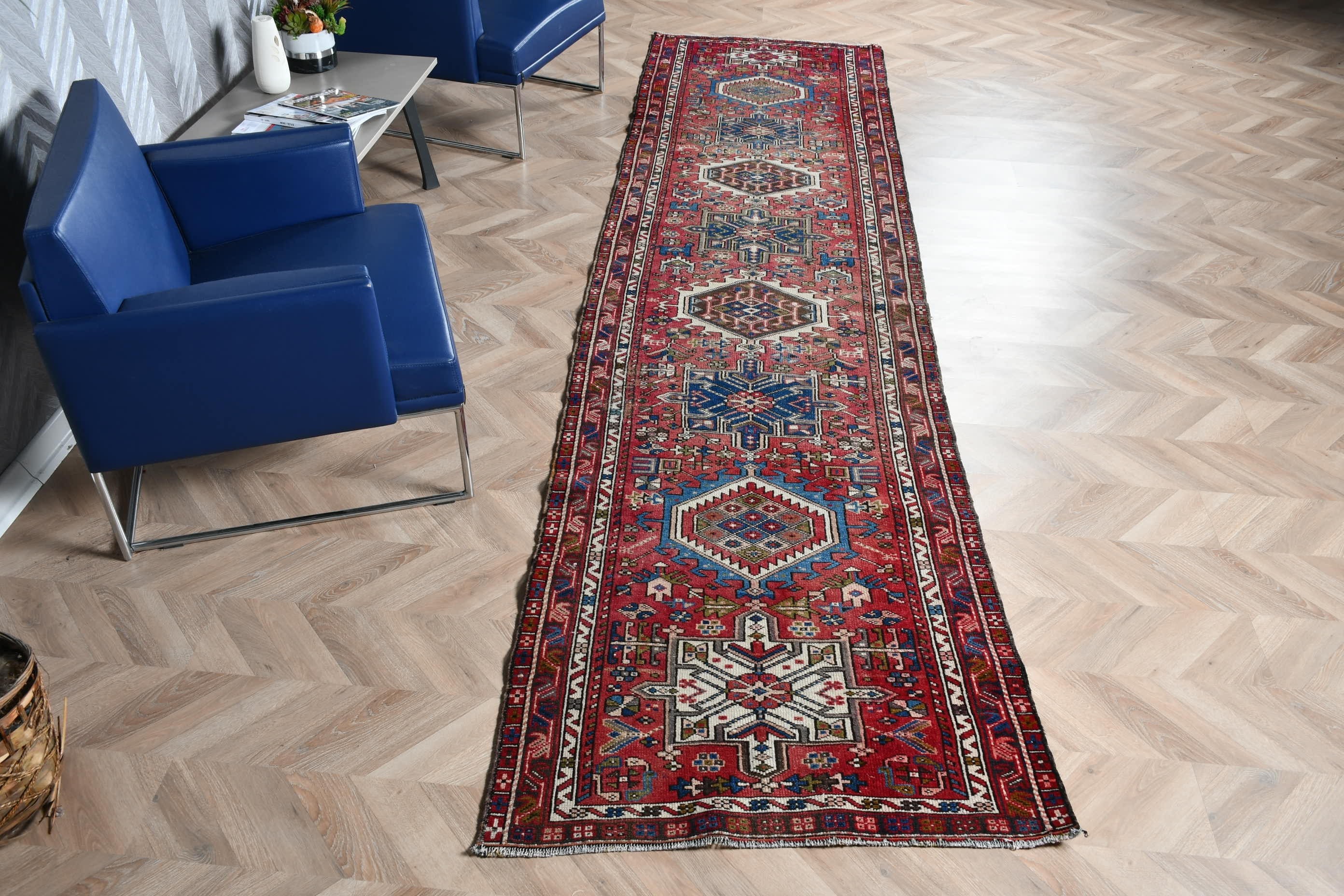 Vintage Halılar, Dış Mekan Halısı, Koridor Halısı, Oushak Halısı, Kırmızı 3.1x12.7 ft Runner Halısı, Koridor Halıları, Türk Halısı