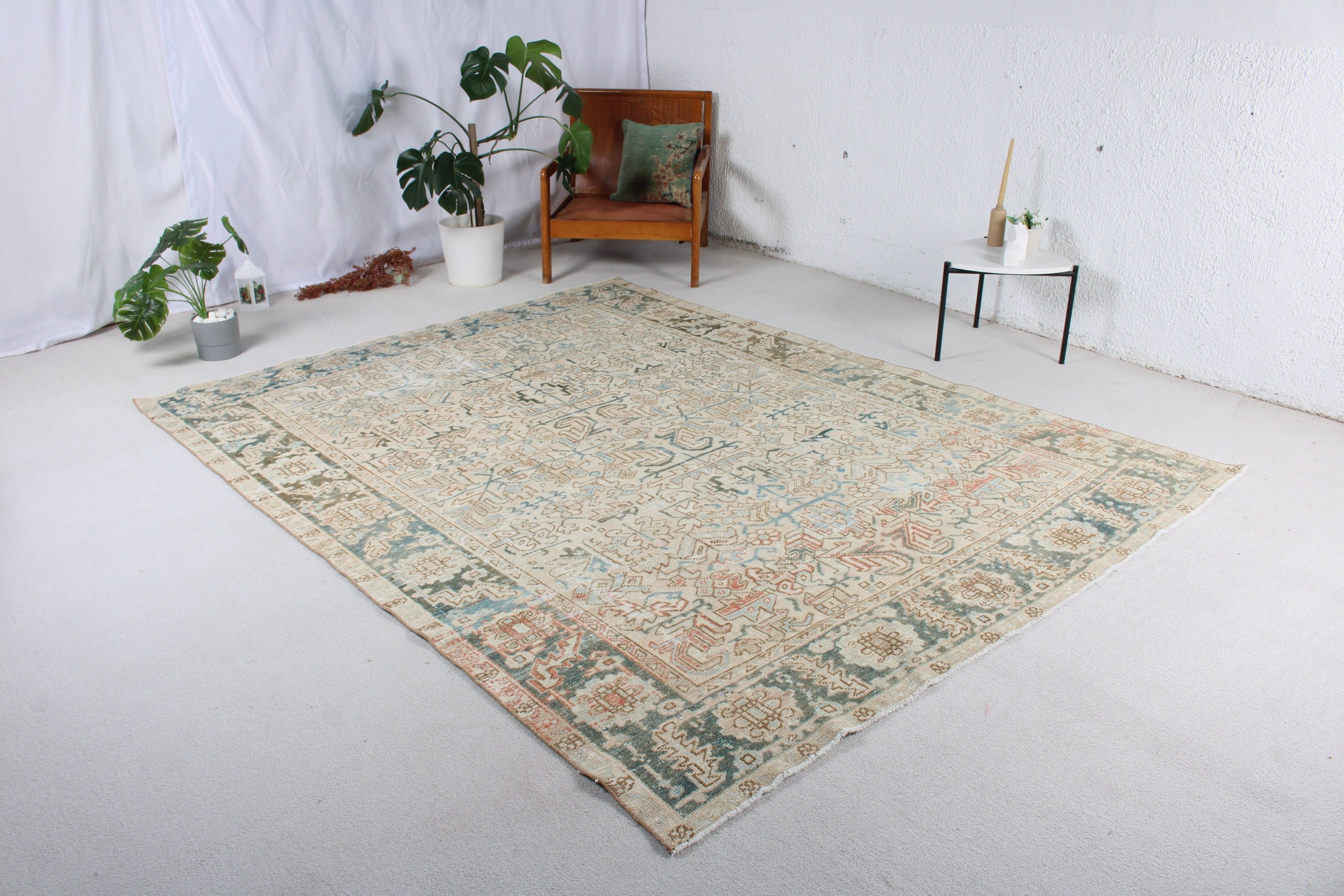 Yatak Odası Halısı, Bildiri Halısı, Vintage Halı, El Dokuma Halılar, Büyük Oushak Halıları, Bej Boho Halısı, Türk Halıları, 7x8,5 ft Büyük Halı, Boho Halıları