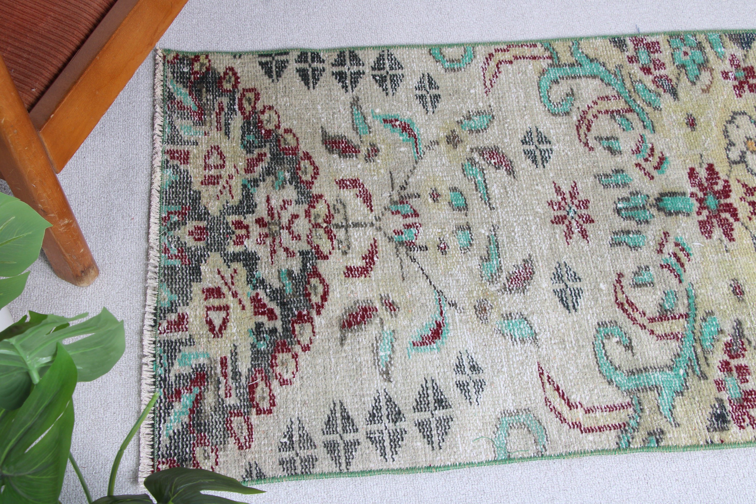 Giriş Halıları, Vintage Halı, Yeşil 2x3,8 ft Küçük Halı, Yatak Odası Halıları, Türk Halıları, Oryantal Halı, Giriş Halıları, Anadolu Halısı