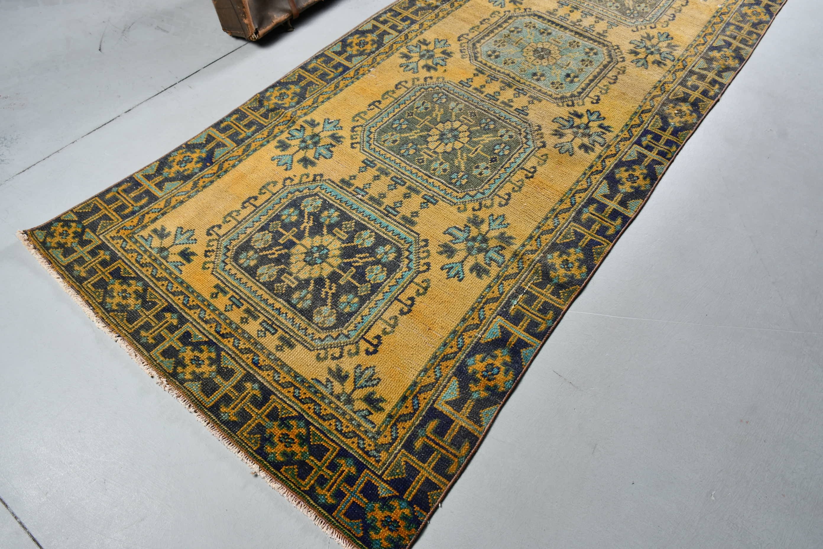 Turkish Rug, Vintage Rug, Kitchen Rug, Rugs for Corridor, 3.8x11.2 ft Runner Rugs, Yellow Oriental Rug, Old Rug, Oriental Rug