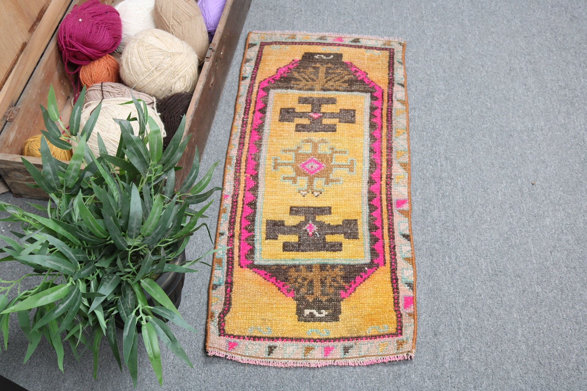 Yellow Cool Rug, Turkish Rug, Statement Rug, Entry Rugs, Handmade Rugs, Home Decor Rugs, 1.3x2.9 ft Small Rug, Bathroom Rug, Vintage Rugs