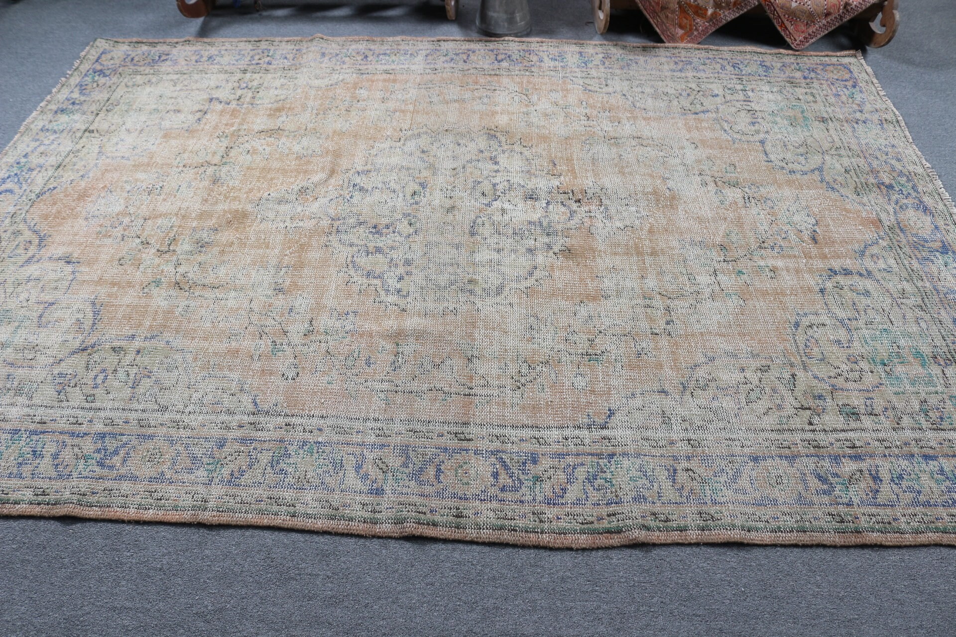 Oryantal Halılar, Turuncu Oryantal Halı, 6.1x9.4 ft Büyük Halı, Türk Halıları, Oturma Odası Halısı, Vintage Halılar, Yatak Odası Halısı, Özel Halı, Yün Halılar