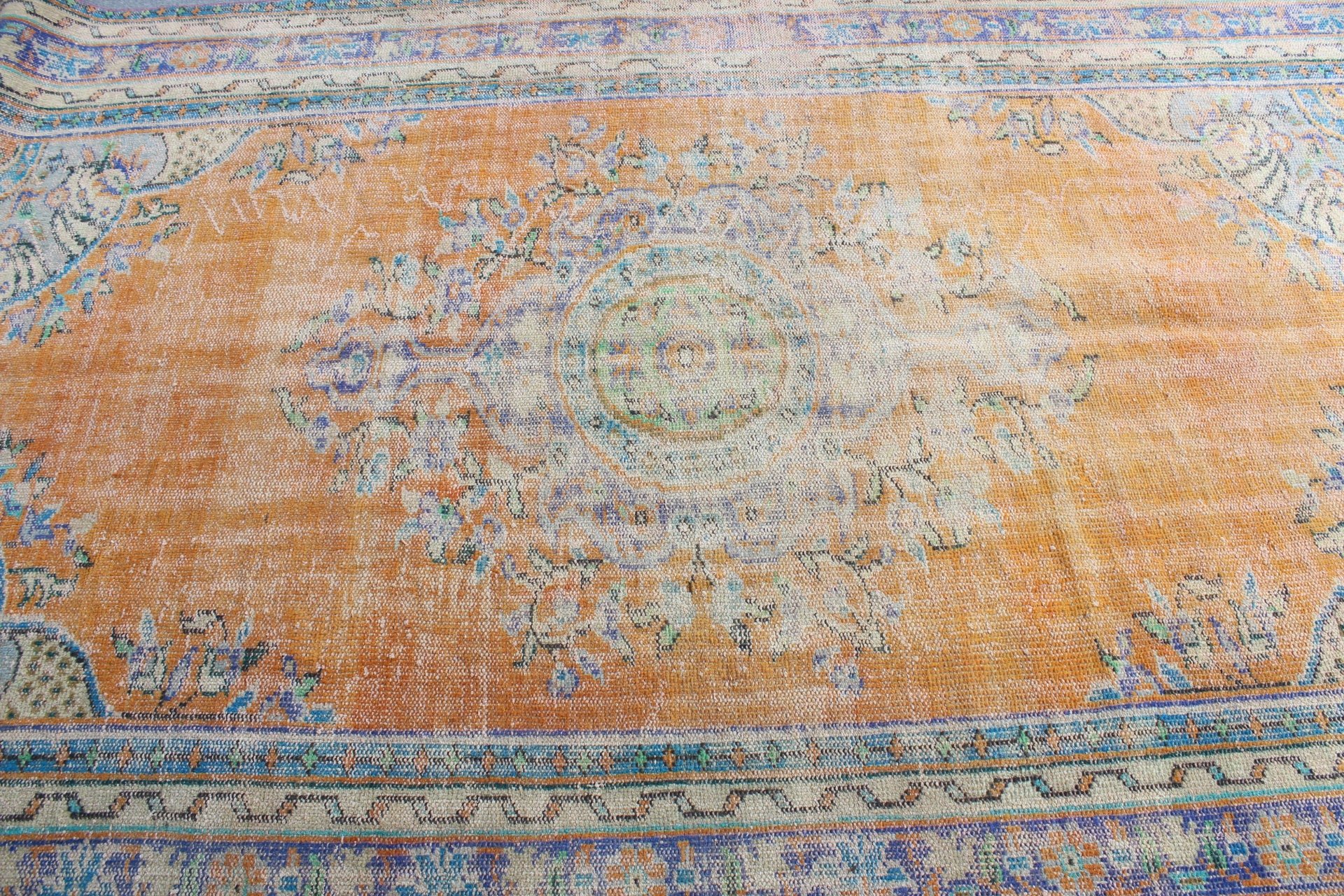 Aztek Halısı, 5.8x9.5 ft Büyük Halılar, Vintage Halı, Oushak Halıları, Fas Halısı, Oturma Odası Halısı, Salon Halısı, Turuncu Ev Dekor Halısı, Türk Halıları