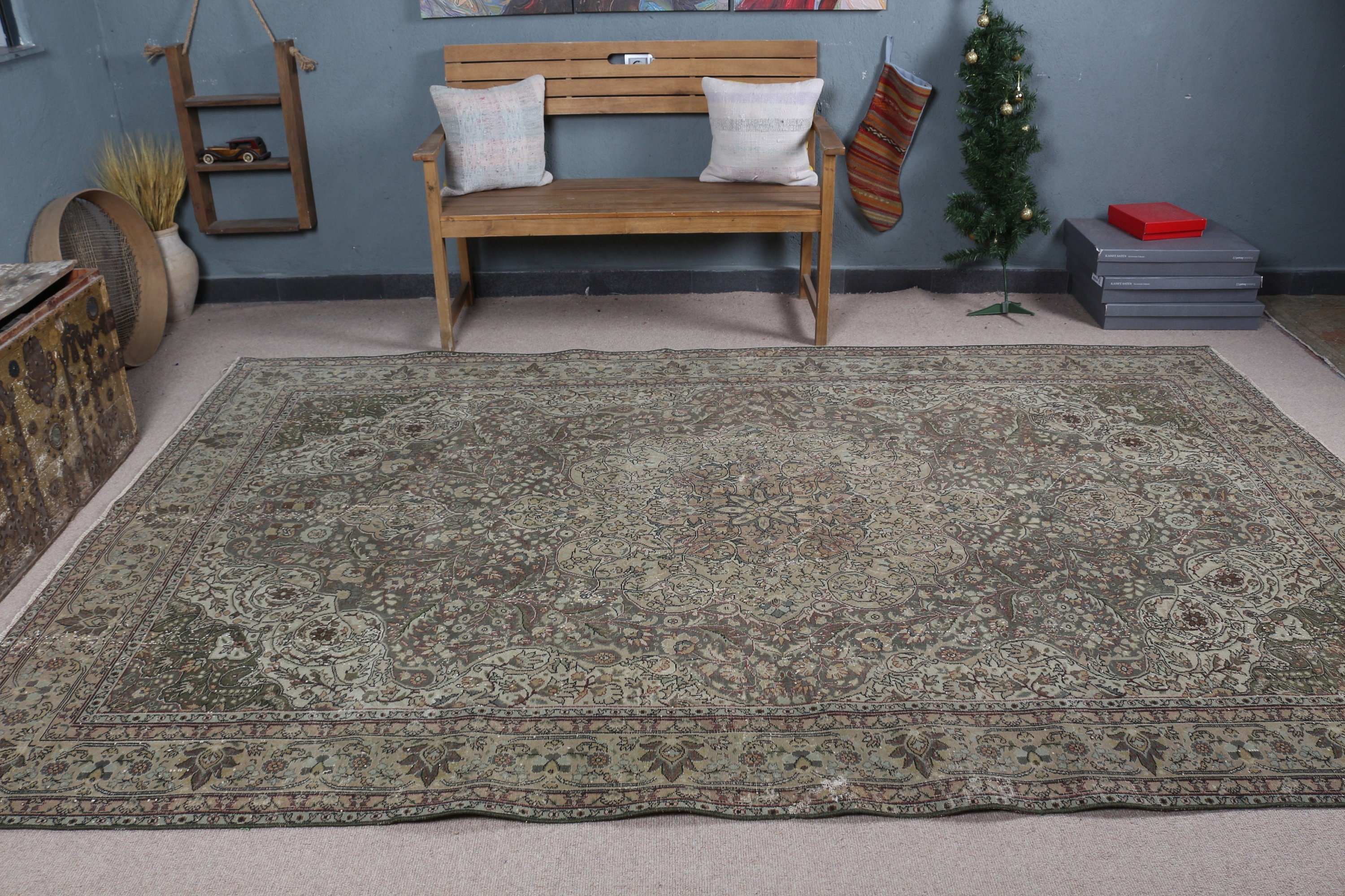Living Room Rug, Boho Rug, Oriental Rug, Vintage Rug, 6.6x10.3 ft Large Rug, Green Moroccan Rug, Wool Rug, Dining Room Rug, Turkish Rug