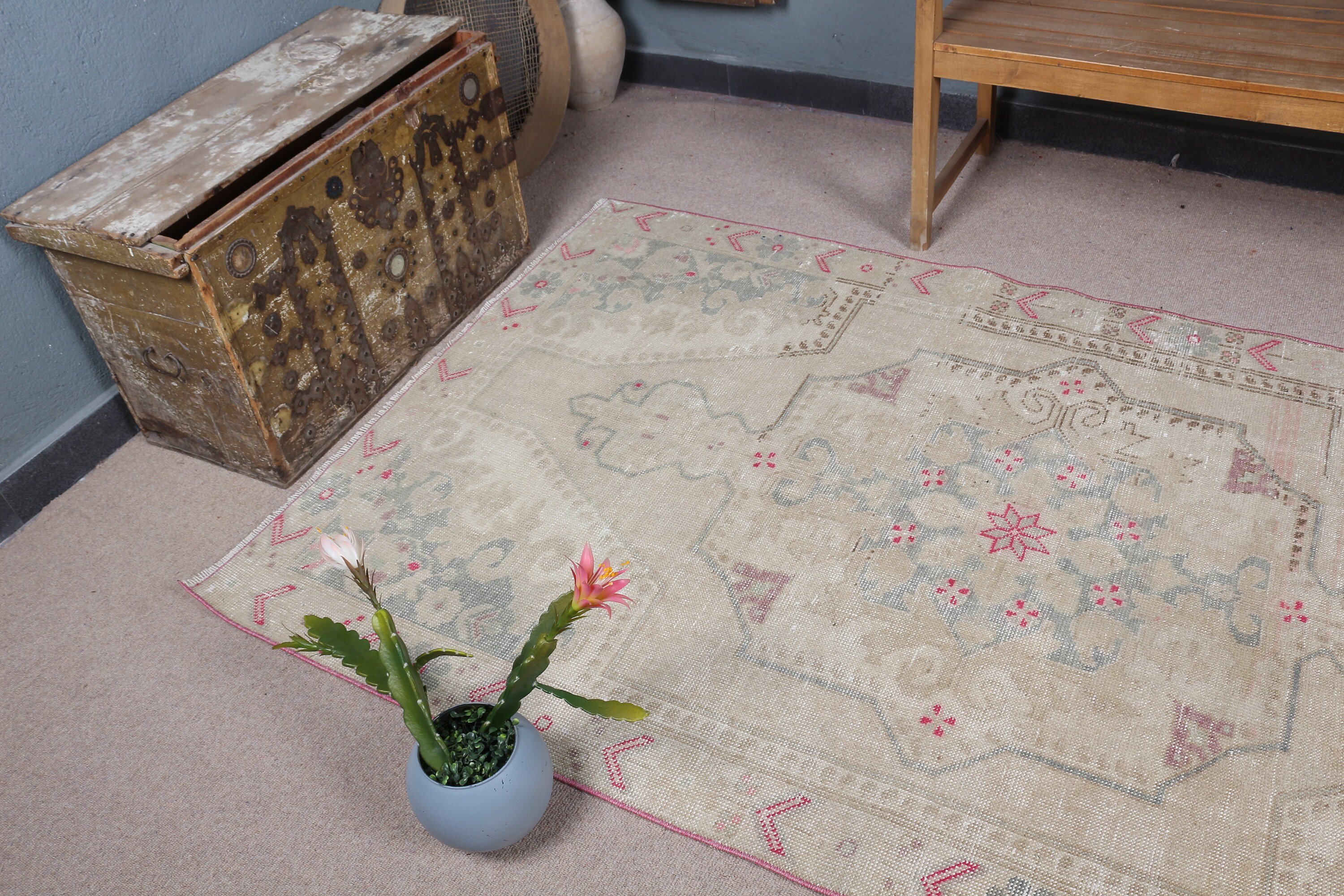 Dining Room Rugs, Turkish Rug, Vintage Rugs, Oriental Rugs, Old Rugs, Beige Bedroom Rug, Nursery Rug, 4.3x7.4 ft Area Rug