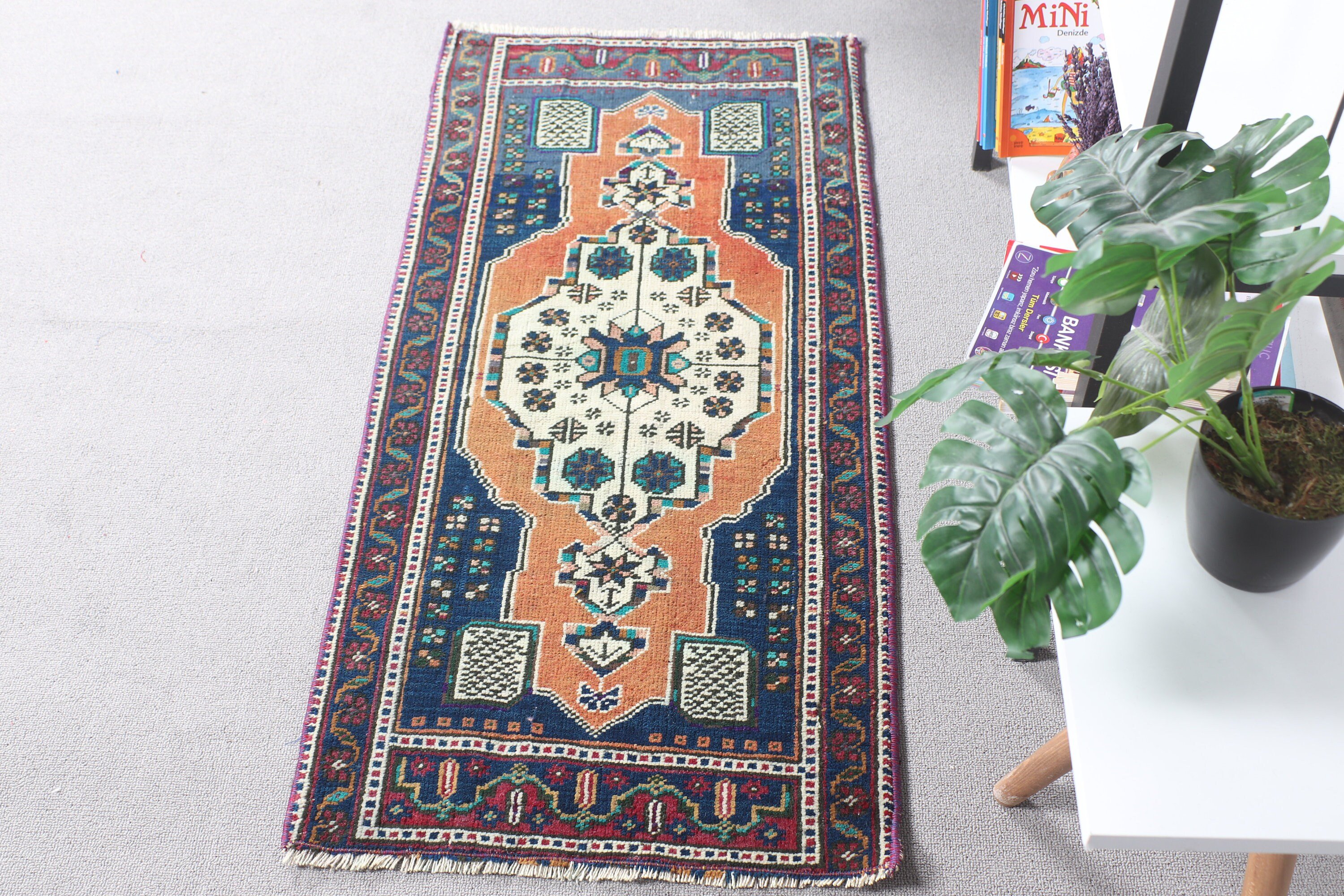 Wool Rug, Car Mat Rugs, Brown Moroccan Rug, Vintage Rug, Rugs for Kitchen, Kitchen Rug, 1.7x3.7 ft Small Rug, Bedroom Rugs, Turkish Rug