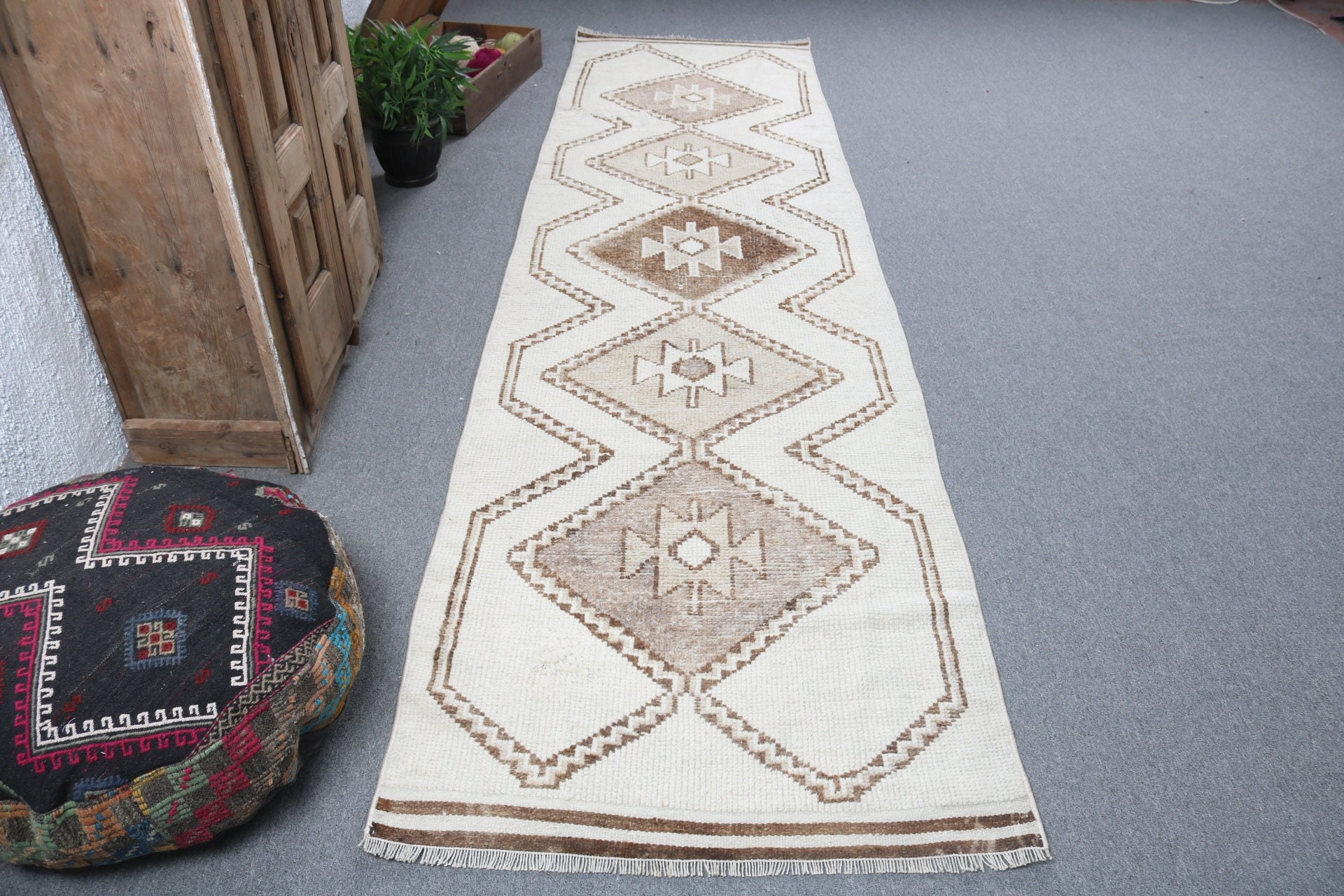 Koridor Halıları, Lüks Halı, Geometrik Halı, Vintage Halı, Vintage Runner Halıları, Bej Düz Dokuma Halı, Türk Halısı, 3.1x11.8 ft Runner Halıları