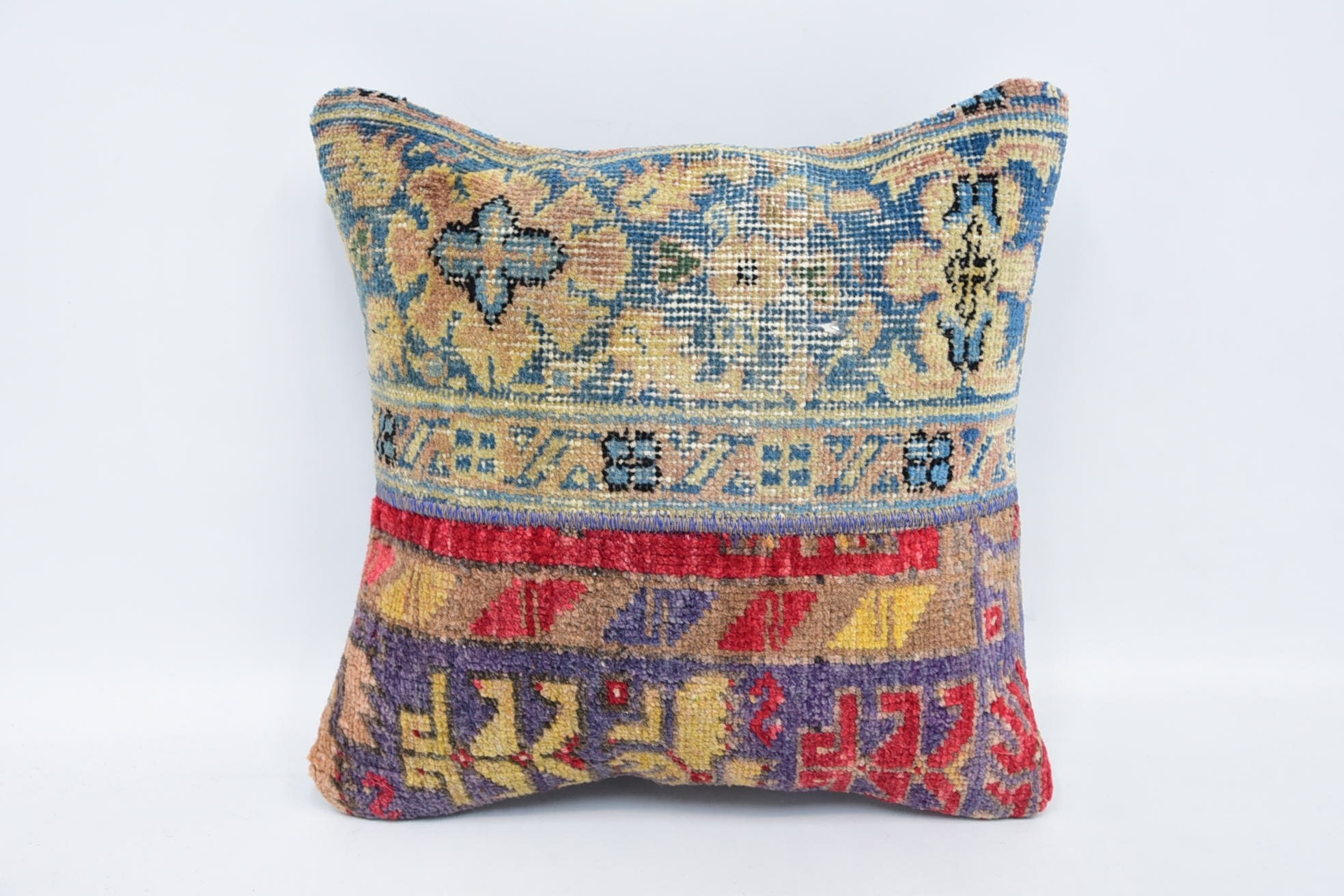 Antique Pillows, Morroccon Kilim Cushion Pillow Case, 16"x16" Blue Pillow Cover, Boho Pillow Sham Cover, Turkish Pillow