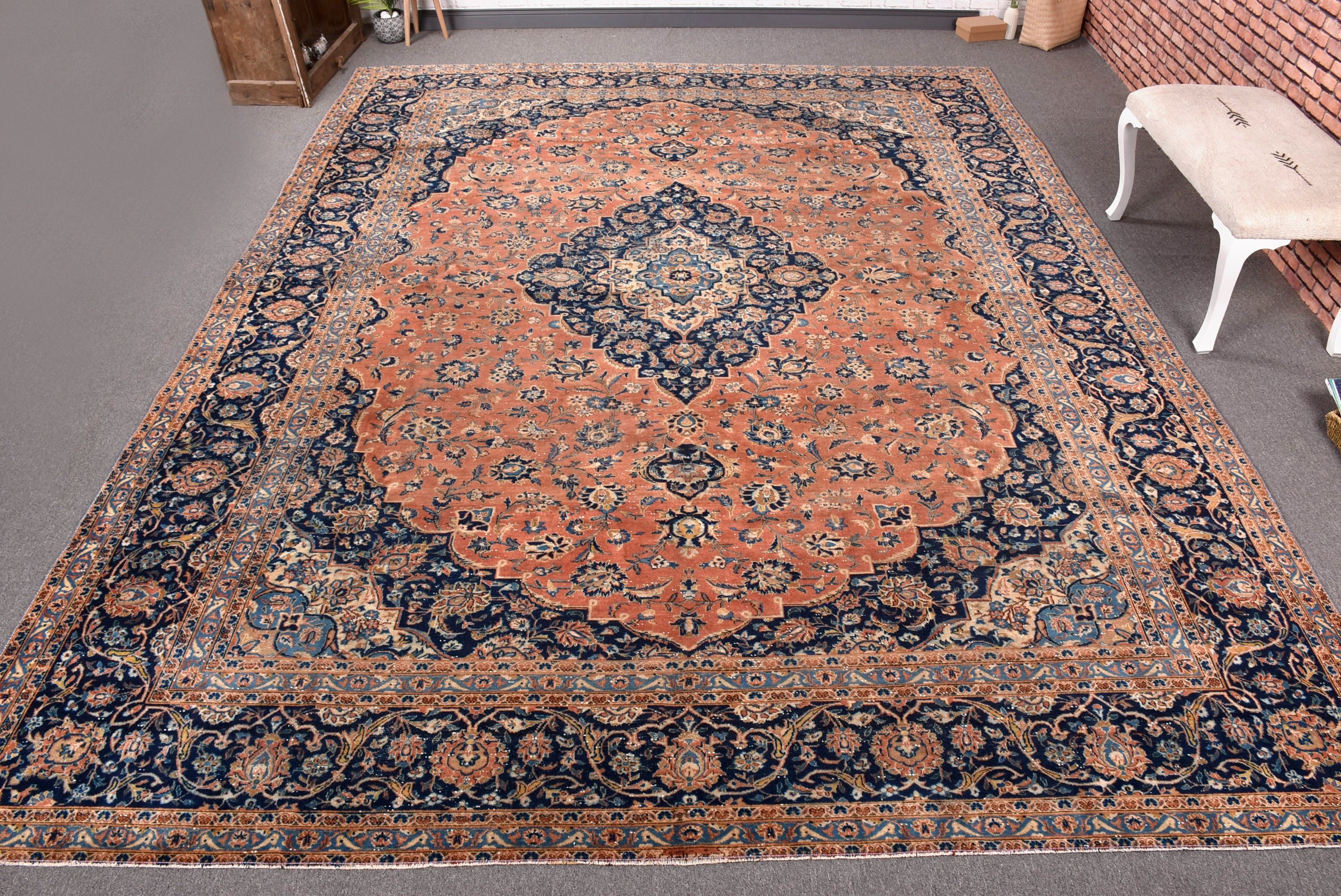 Oturma Odası Halısı, Egzotik Halı, Yatak Odası Halısı, 9.7x12.5 ft Büyük Boy Halı, Düz Dokuma Halılar, Turuncu Yün Halılar, Salon Halısı, Türk Halıları, Vintage Halılar