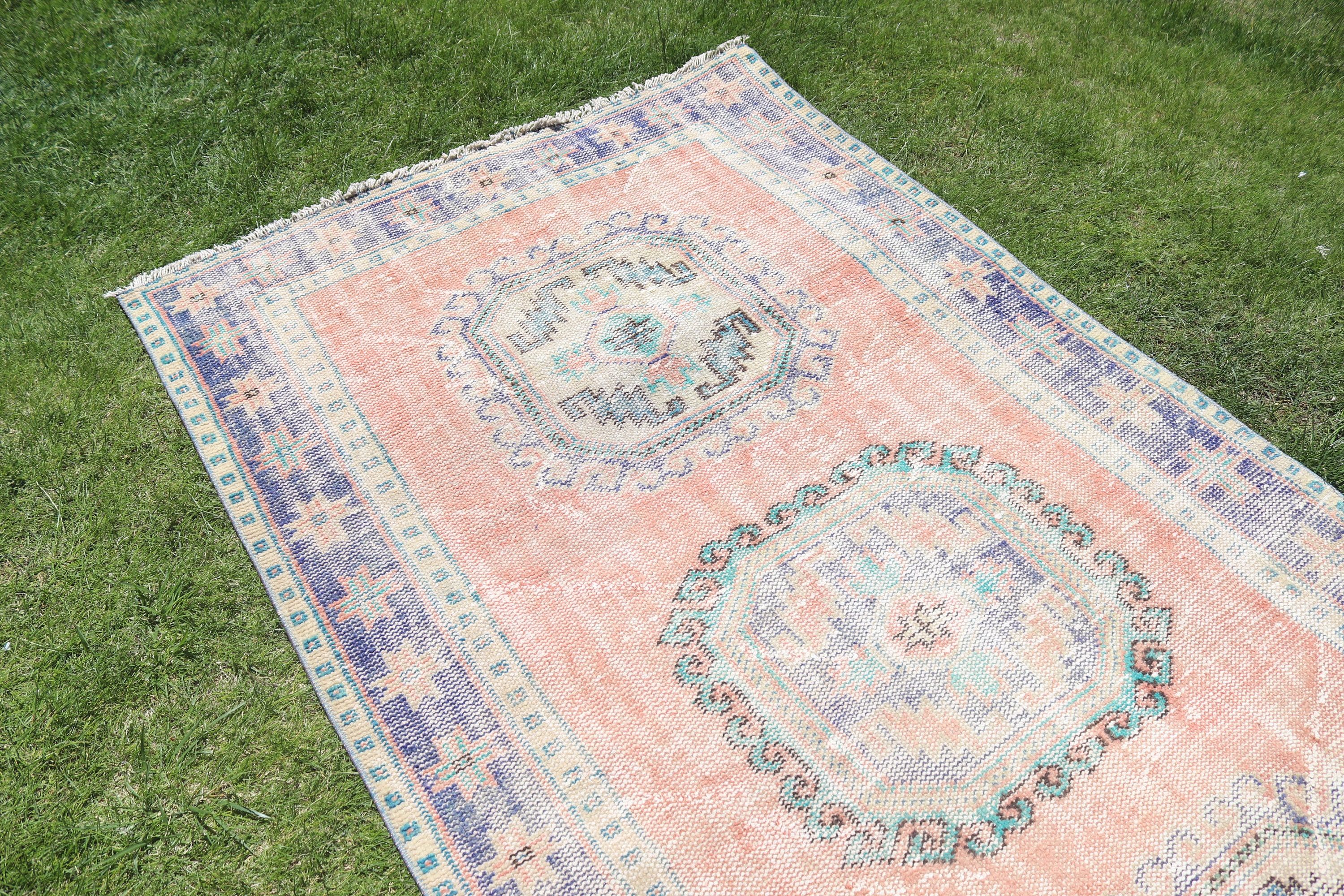 Antika Halılar, Koridor Halıları, Uzun Yolluk Halıları, Pembe Geometrik Halı, Türk Halıları, Geometrik Halılar, Vintage Halı, 4.2x12.1 ft Yolluk Halıları