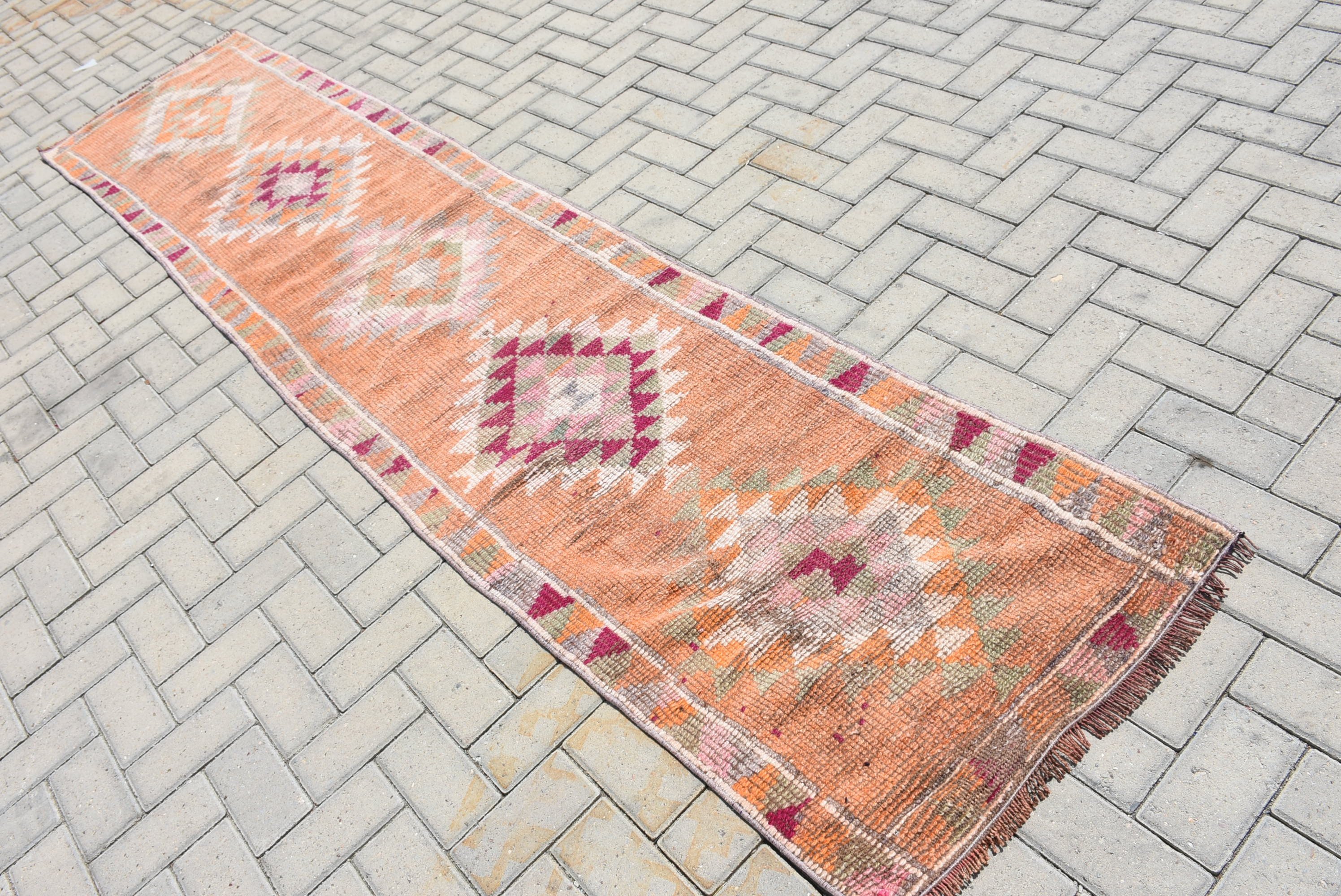 Organic Rugs, Kitchen Rugs, Anatolian Rugs, Corridor Rug, Turkish Rug, 2.5x11 ft Runner Rug, Orange Cool Rug, Vintage Rugs