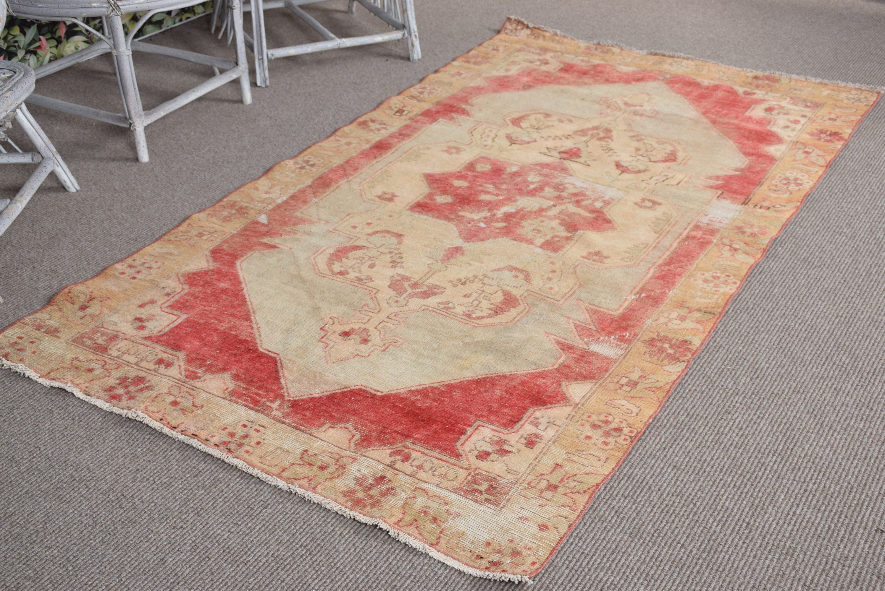 4.1x7.6 ft Area Rug, Bedroom Rug, Vintage Rug, Turkish Rug, Rugs for Bedroom, Living Room Rug, Red Wool Rug, Pastel Rug, Oushak Rug