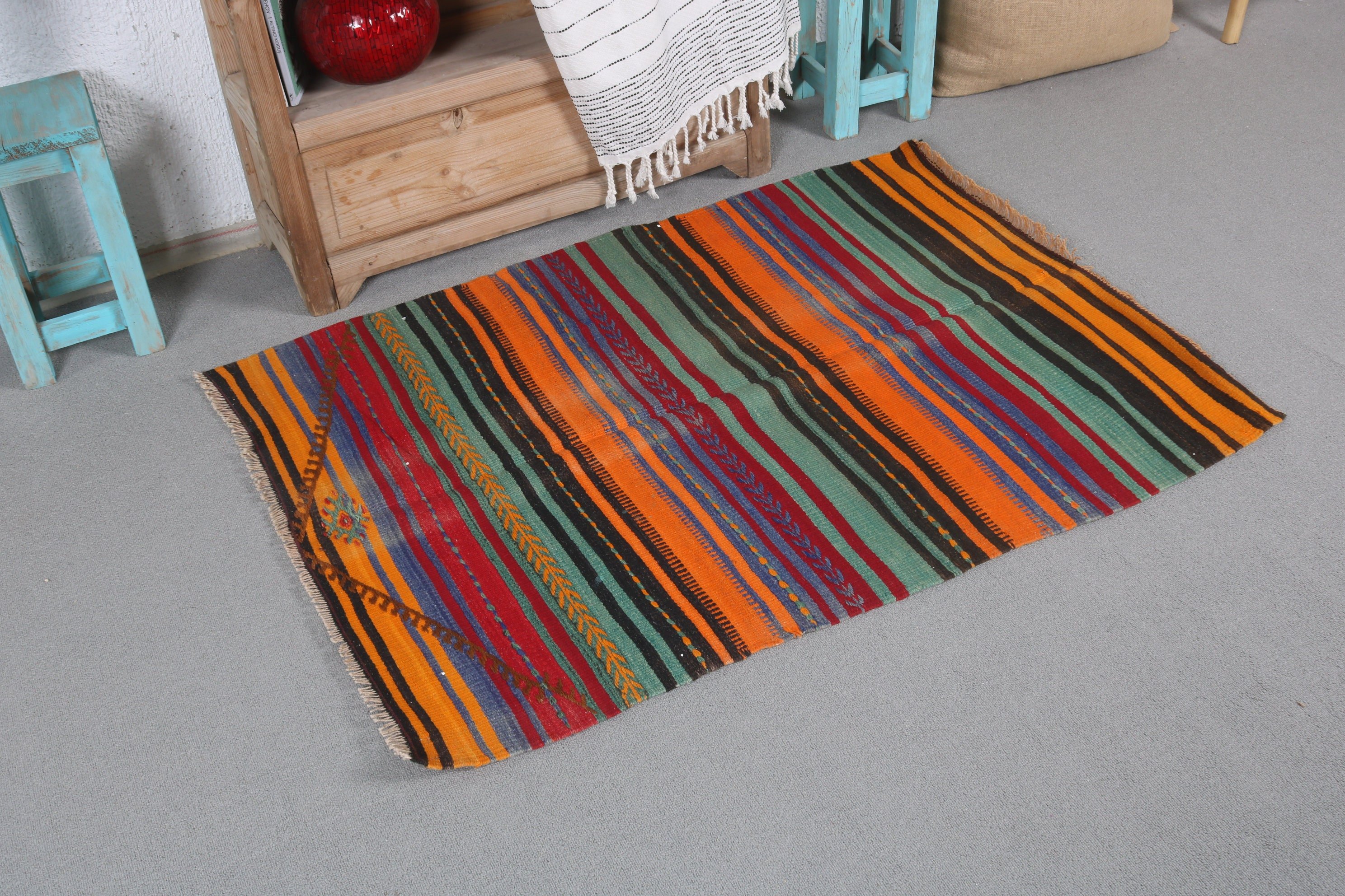 Outdoor Rugs, Turkish Rug, Orange  2.9x3.9 ft Small Rugs, Floor Rug, Vintage Rugs, Kitchen Rug, Bath Rug, Bedroom Rugs, Kilim