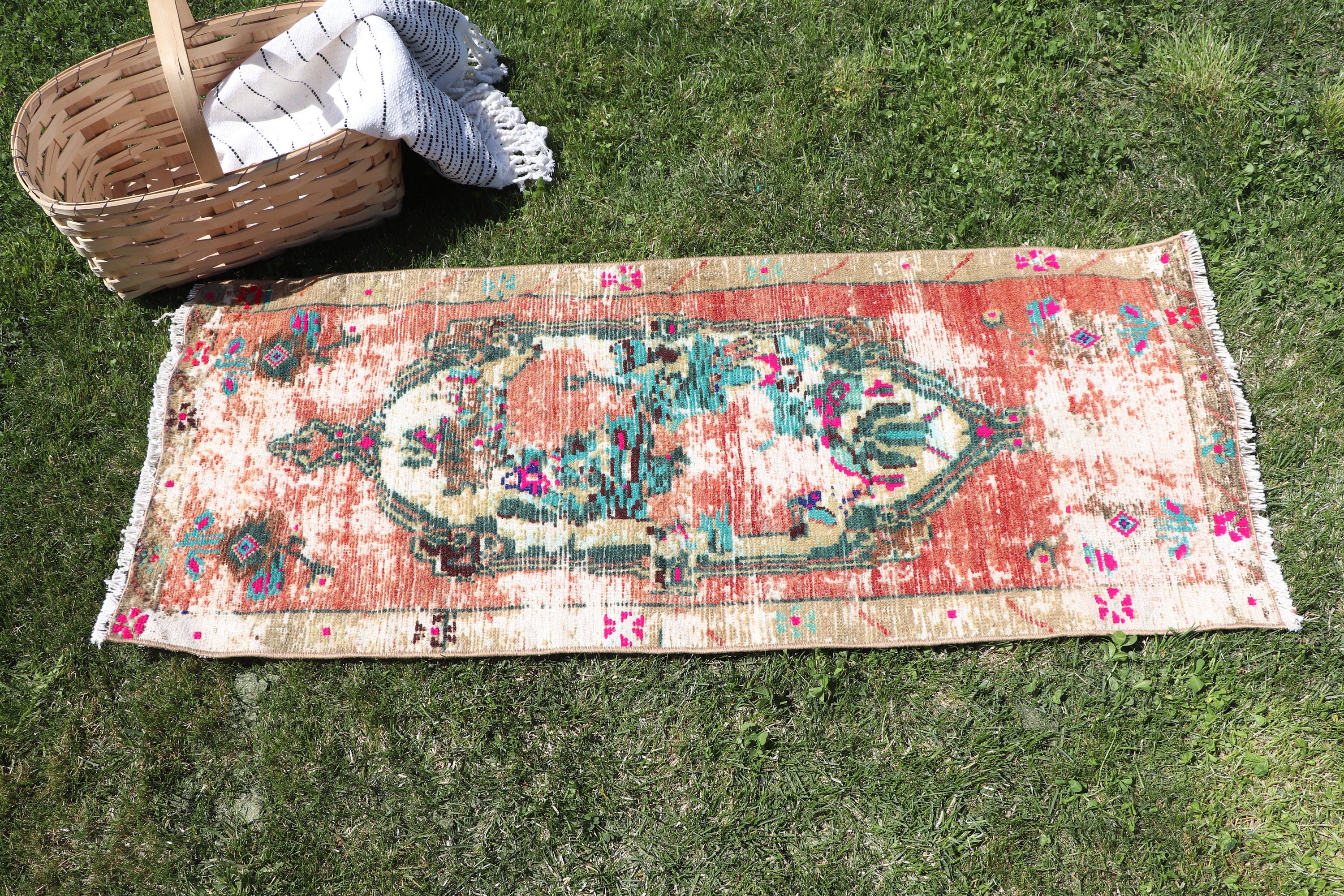 Turuncu Ev Dekor Halıları, Vintage Halılar, Paspas Halısı, Antika Halılar, Banyo Halıları, Türk Halıları, Egzotik Halılar, 1.5x3.8 ft Küçük Halı