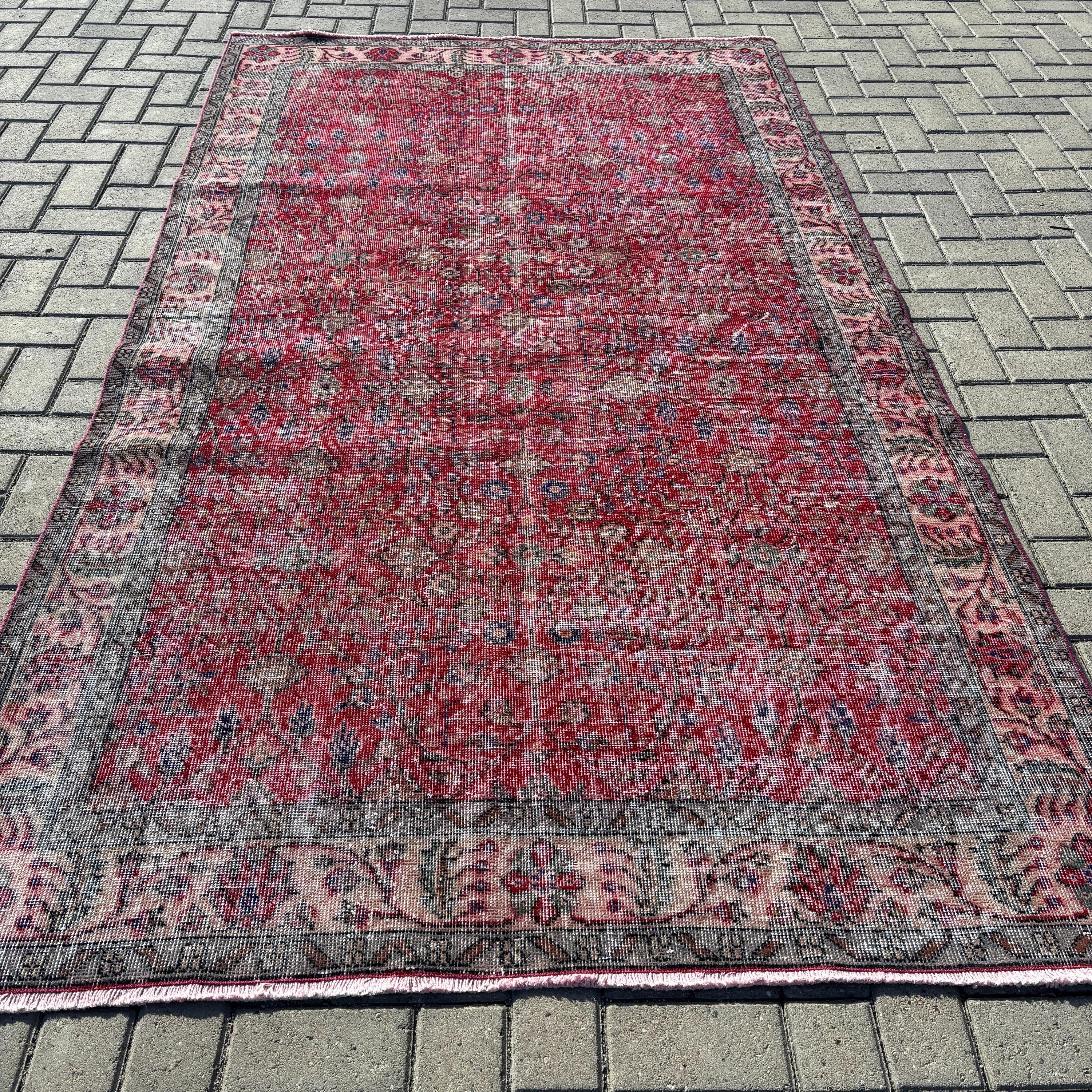 Türk Halıları, Vintage Halılar, Oturma Odası Halıları, Açıklama Halısı, Büyük Vintage Halı, Kırmızı 5x8.9 ft Büyük Halı, Nötr Halılar