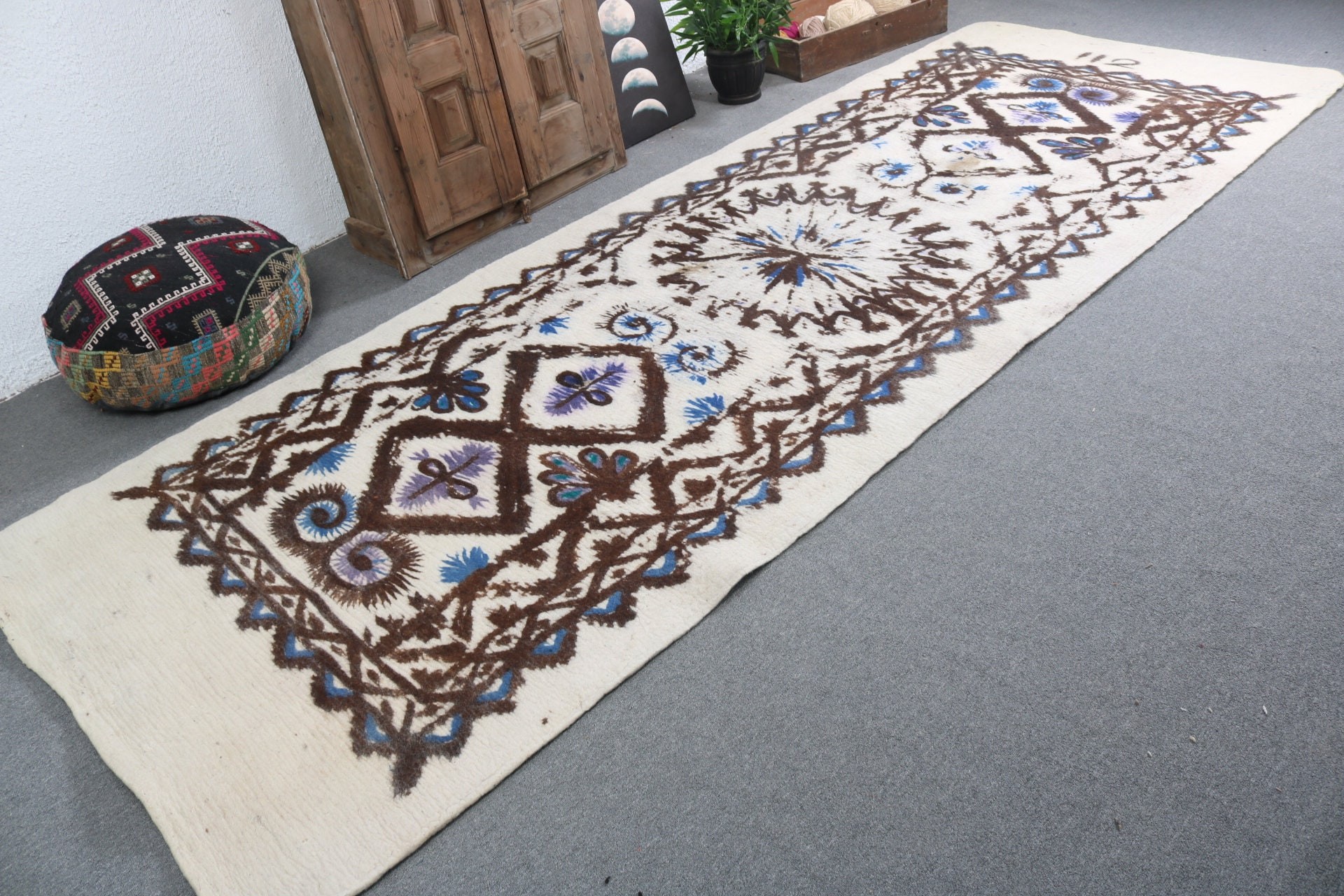 Vintage Runner Halı, Nötr Halılar, Vintage Halılar, Egzotik Halılar, Türk Halıları, Bej Oushak Halıları, 4.6x12.5 ft Runner Halısı, Geometrik Halı