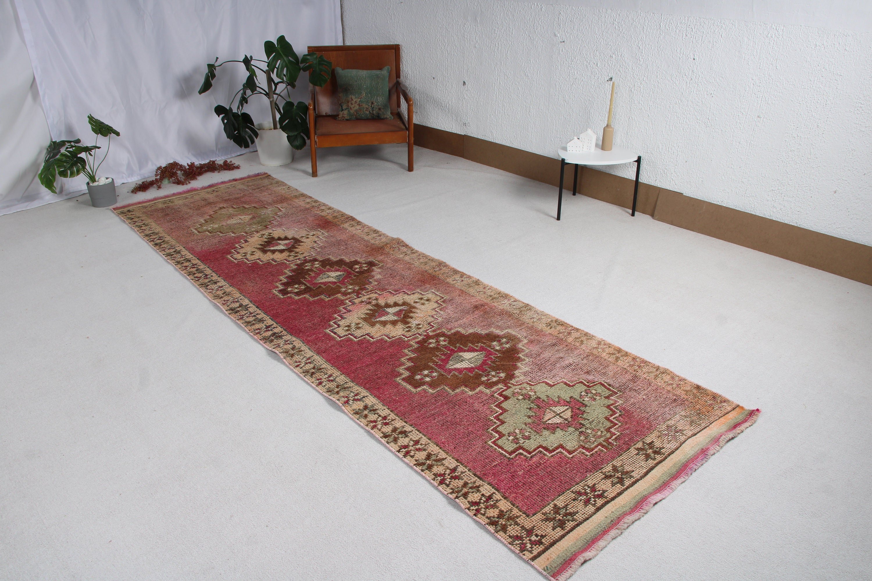 3.4x11.6 ft Runner Rugs, Turkish Rug, Corridor Rugs, Oriental Rugs, Beni Ourain Runner Rugs, Floor Rug, Pink Floor Rug, Vintage Rugs