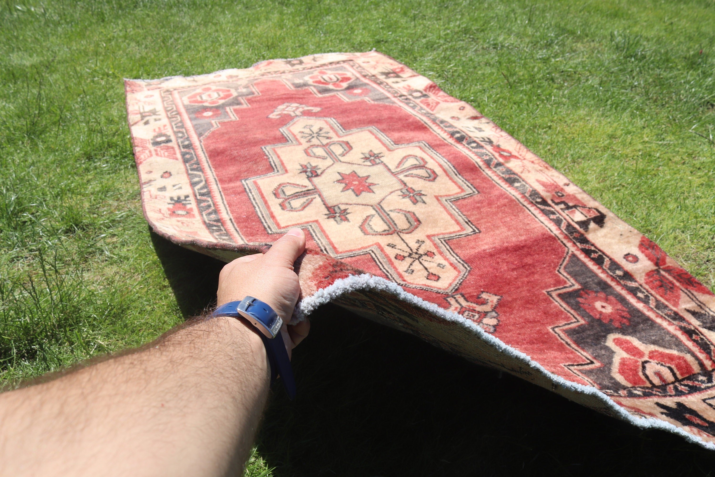 Giriş Halıları, Türk Halıları, Vintage Halılar, Oushak Halıları, Kırmızı Ev Dekor Halıları, 3,1x6,3 ft Vurgulu Halı, Nötr Halı, Vintage Vurgulu Halılar