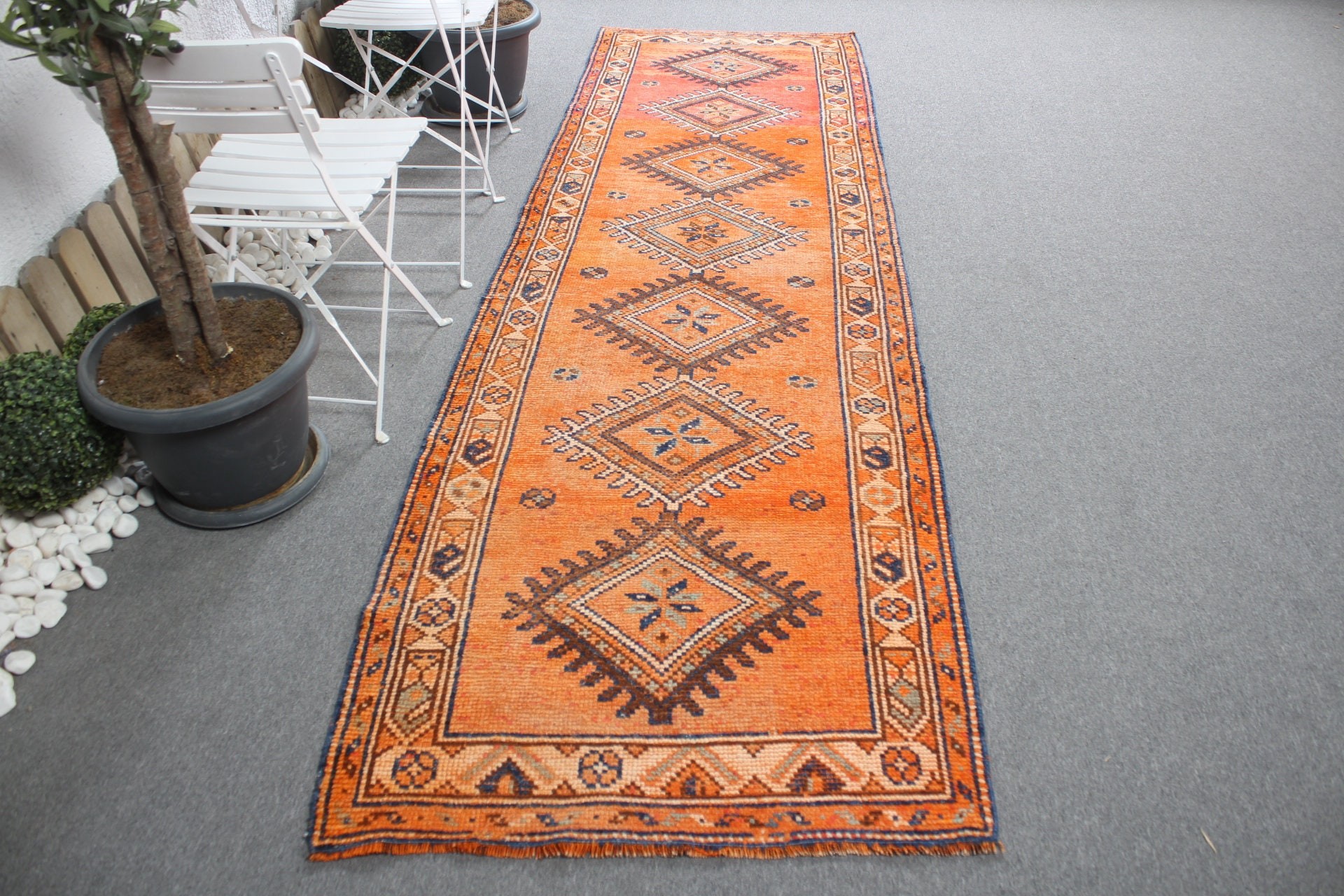 Mutfak Halıları, Ev Dekorasyonu Halısı, Merdiven Halısı, Vintage Halı, Turuncu Anadolu Halısı, 3.1x10.5 ft Runner Halısı, Parlak Halılar, Oushak Halısı, Türk Halısı