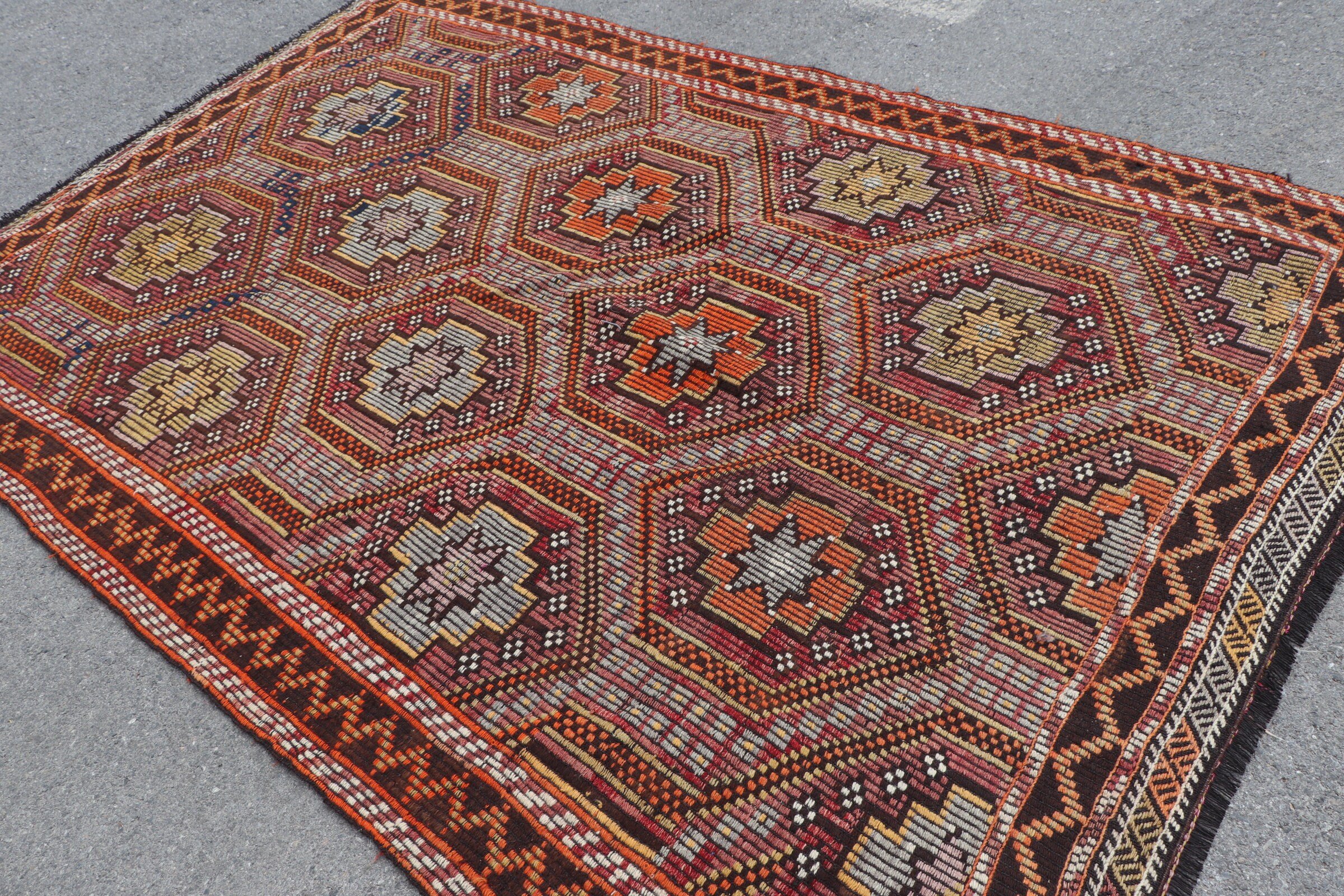 Kilim, Salon Halısı, 5.6x8.6 ft Büyük Halılar, Türk Halısı, Vintage Halı, Yer Halısı, Oturma Odası Halısı, Mutfak Halısı, Göçebe Halıları, Kahverengi Mutfak Halısı