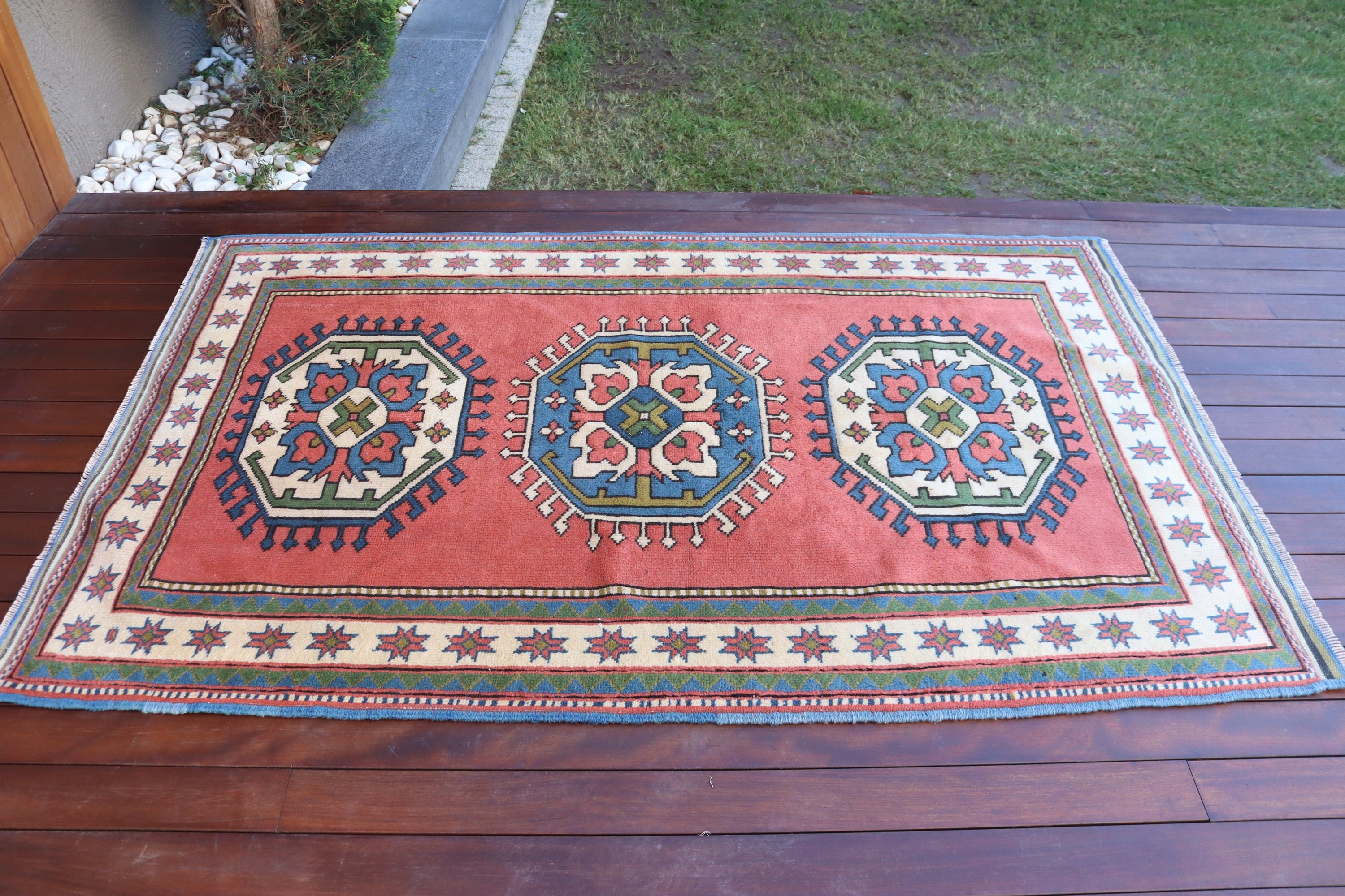 Vintage Halı, Mutfak Halıları, Oushak Bölge Halısı, Oturma Odası Halısı, 4x6,4 ft Alan Halısı, Nötr Halılar, Yün Halı, Türk Halıları, Pembe Yatak Odası Halısı