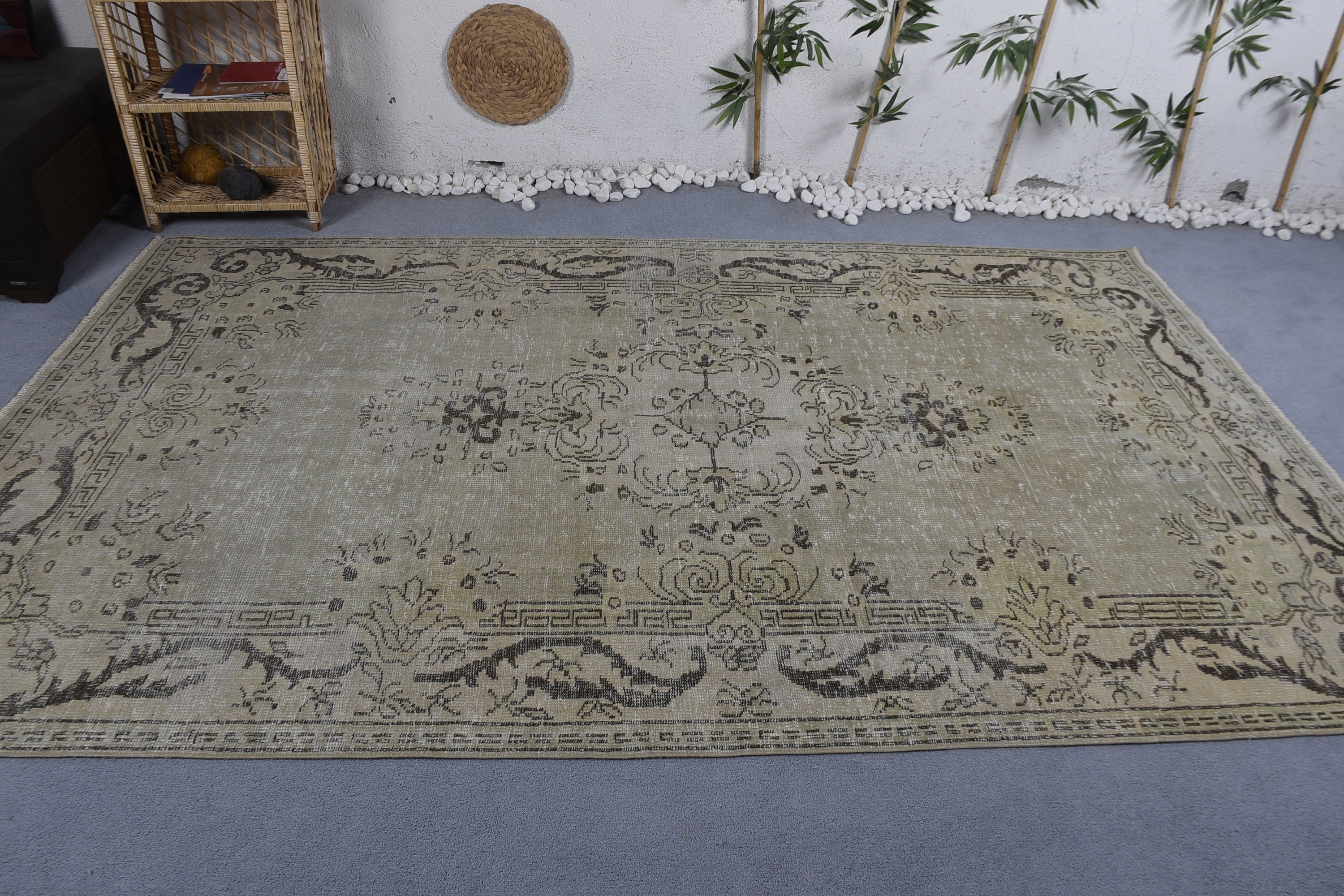 Yemek Odası Halıları, Vintage Halı, Türk Halıları, Düğün Halısı, Yeşil Yün Halı, Ev Dekorasyonu Halısı, Oturma Odası Halısı, 5.9x9.7 ft Büyük Halı, Oushak Halısı